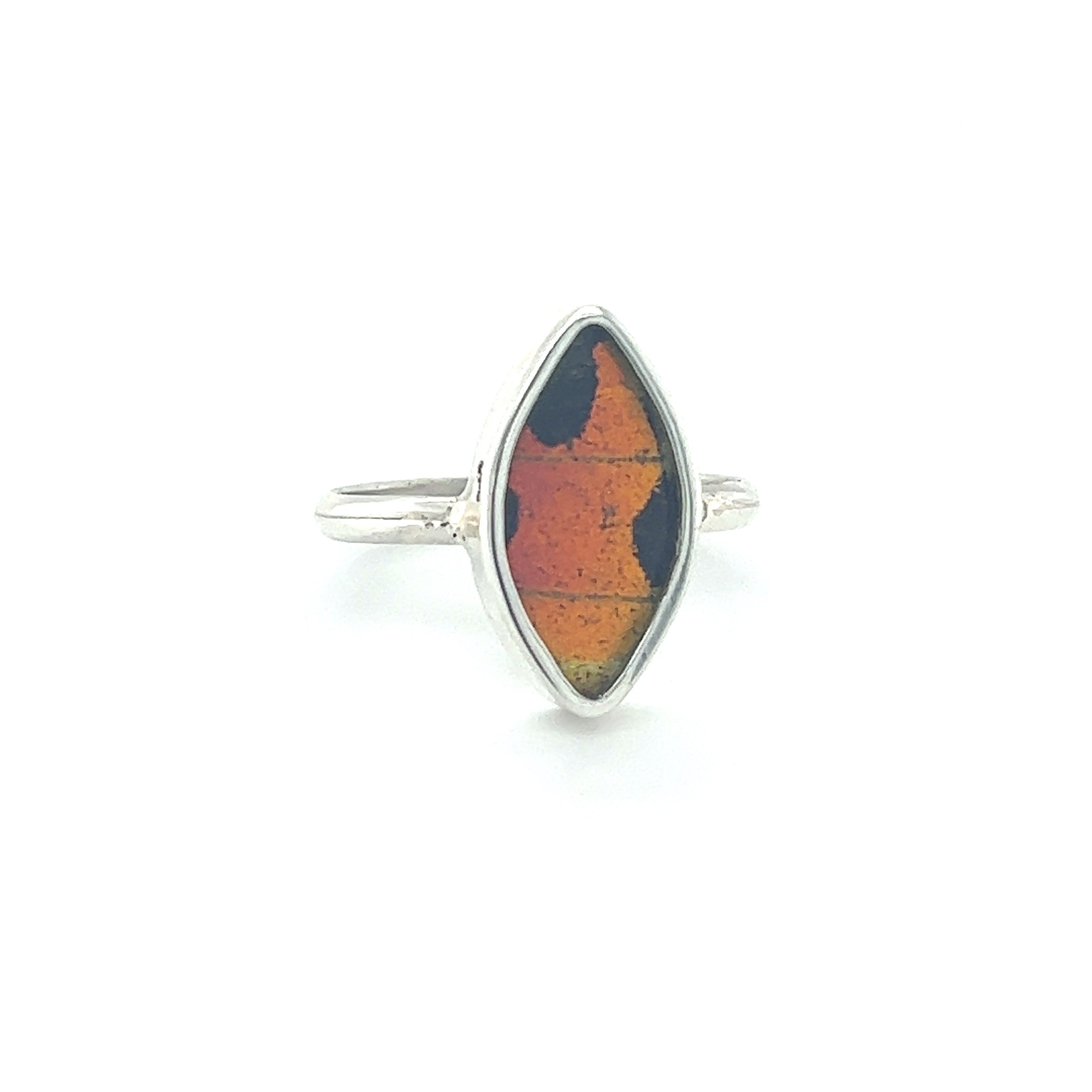 A sustainable fashion sterling silver ring with an orange and black Genuine Butterfly Wing Ring in Marquise Shape.