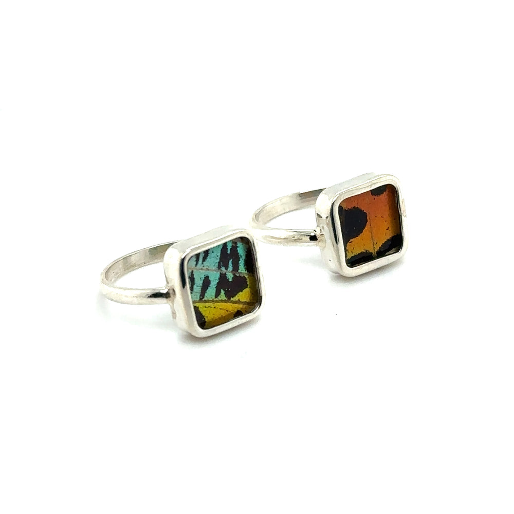 A pair of Genuine Butterfly Wing Rings in Square Shape from the Peruvian Amazon.