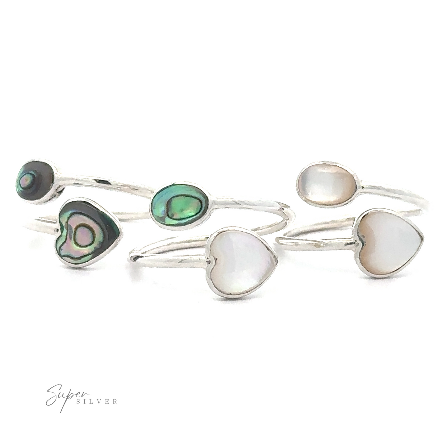 Five Adjustable Inlay Stone Heart Rings with Abalone and Mother of Pearl, on a white background.