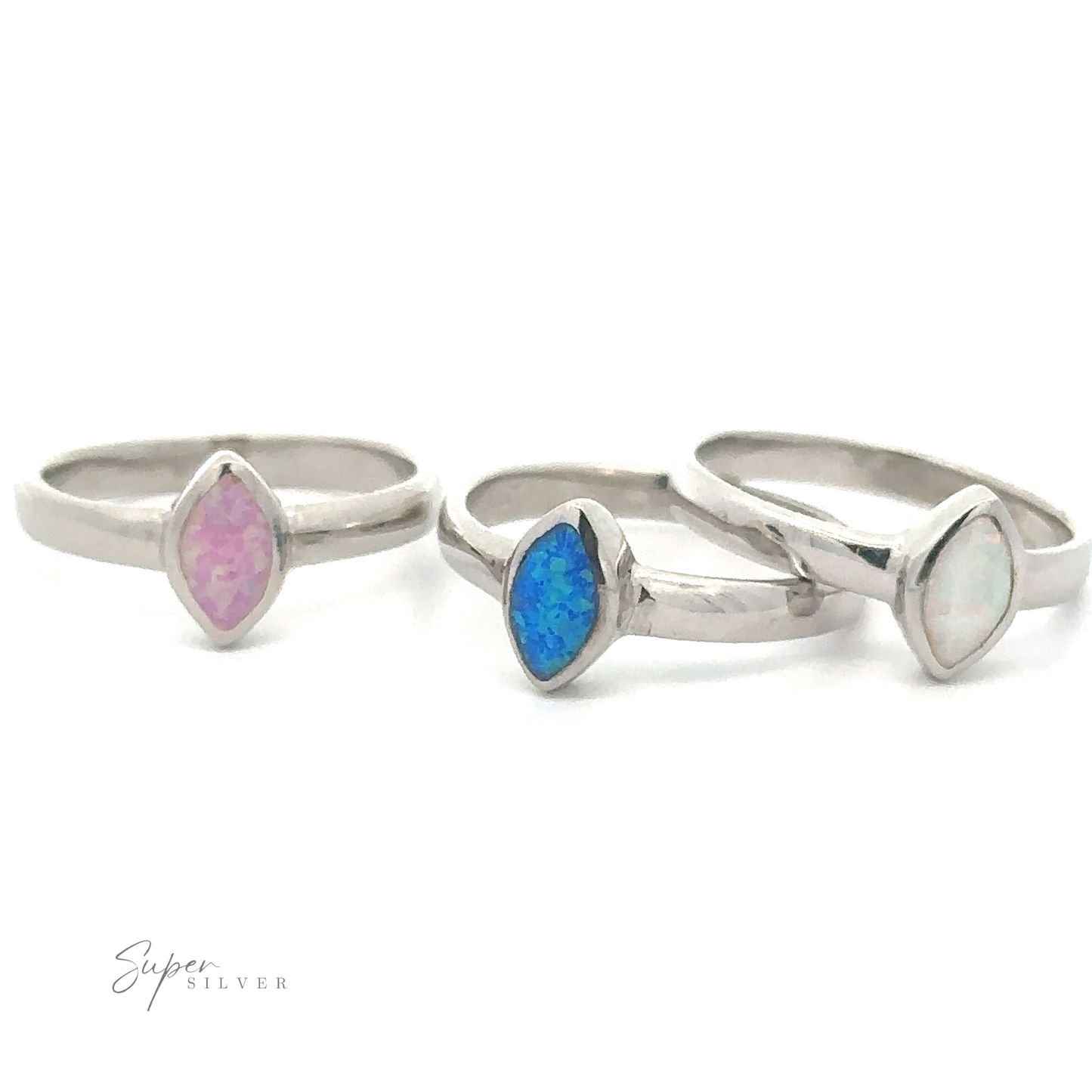 Three silver rings with Simple Marquise Shaped Opal stones.