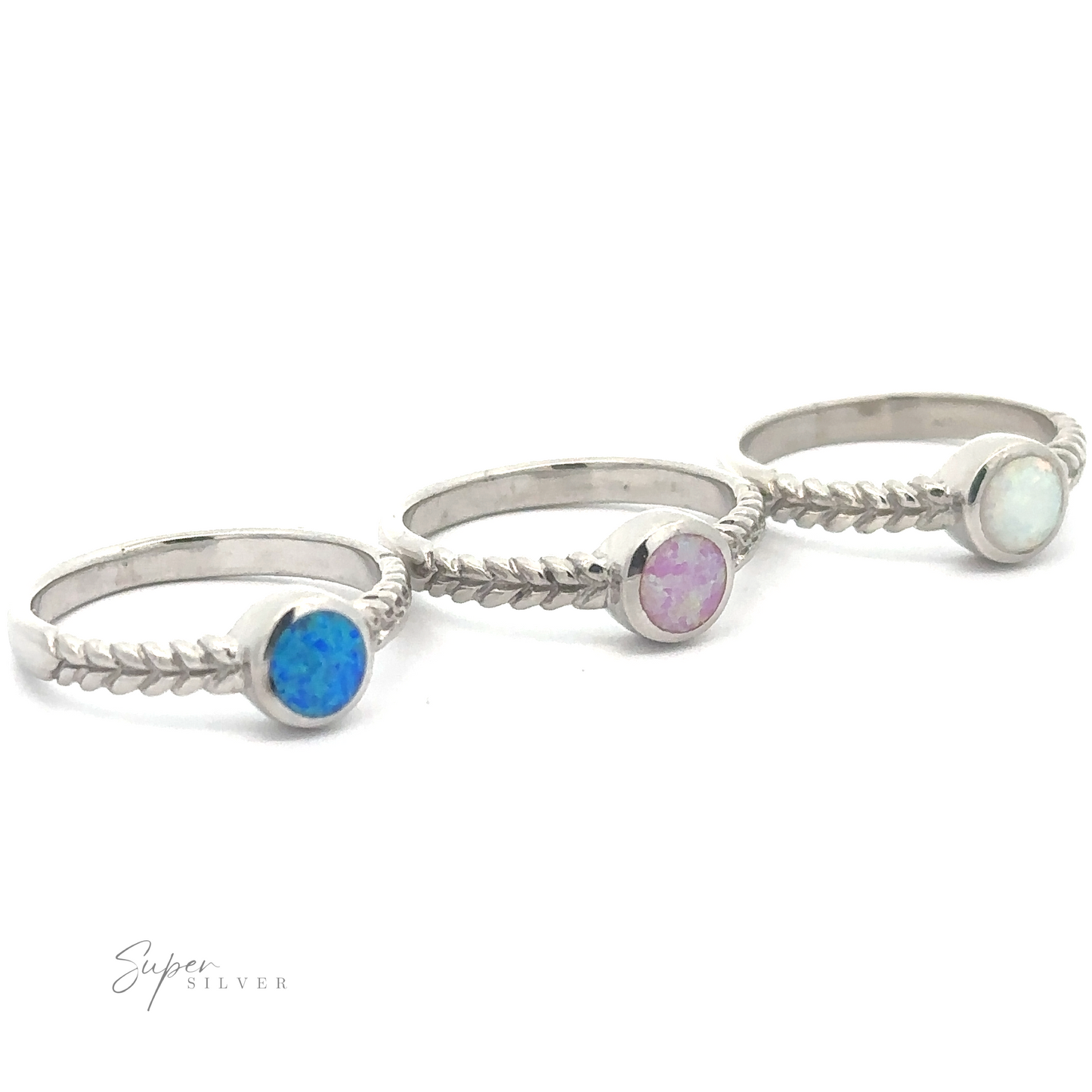 Three Half Braided Bands with Round Opal gemstones on a white background.
