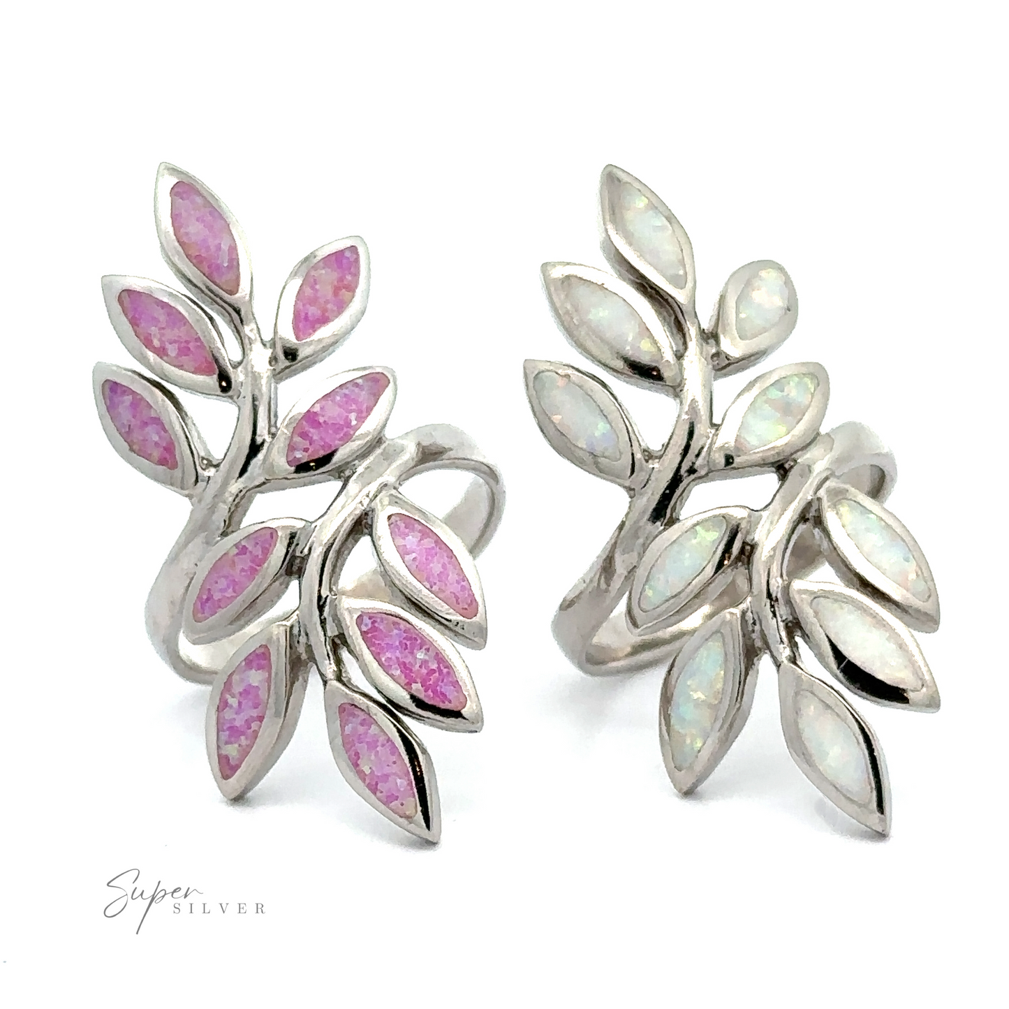 A pair of silver earrings with leaf-shaped inlays of the Long Lab-Created Opal Leaves Ring and pink gemstones, embodying nature's allure.