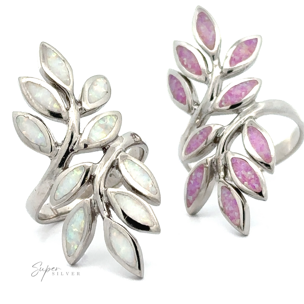 Pair of silver Long Lab-Created Opal Leaves Rings designed to resemble leaves, embedded with lab-created opal and pink stones.