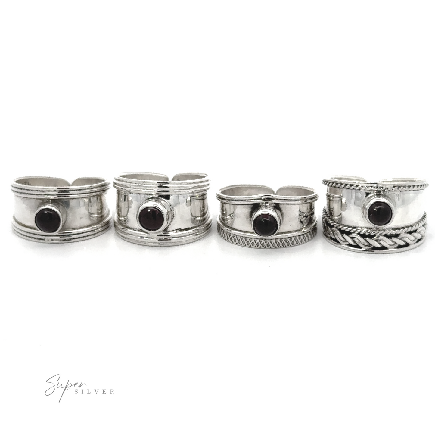 Four Adjustable Wide Cigar Band Toe Rings with Gemstones, each with unique Bohemian designs, displayed on a plain white background.