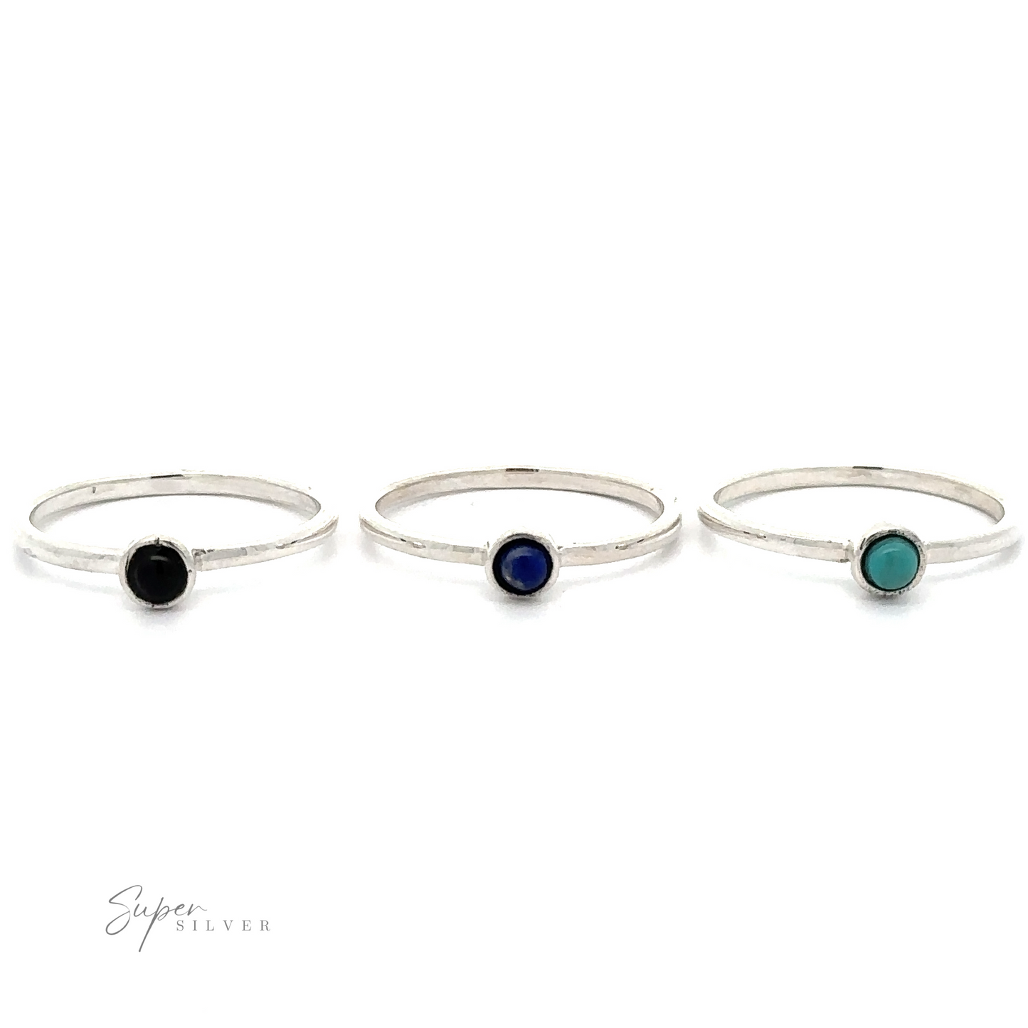 
                  
                    Three sterling silver rings with small round stones; from left to right: black, dark blue, and turquoise stones. Perfect for minimalist fashion enthusiasts, these Dainty Stackable Round Gemstone Rings are branded "Super Silver," displayed in the bottom-left corner.
                  
                
