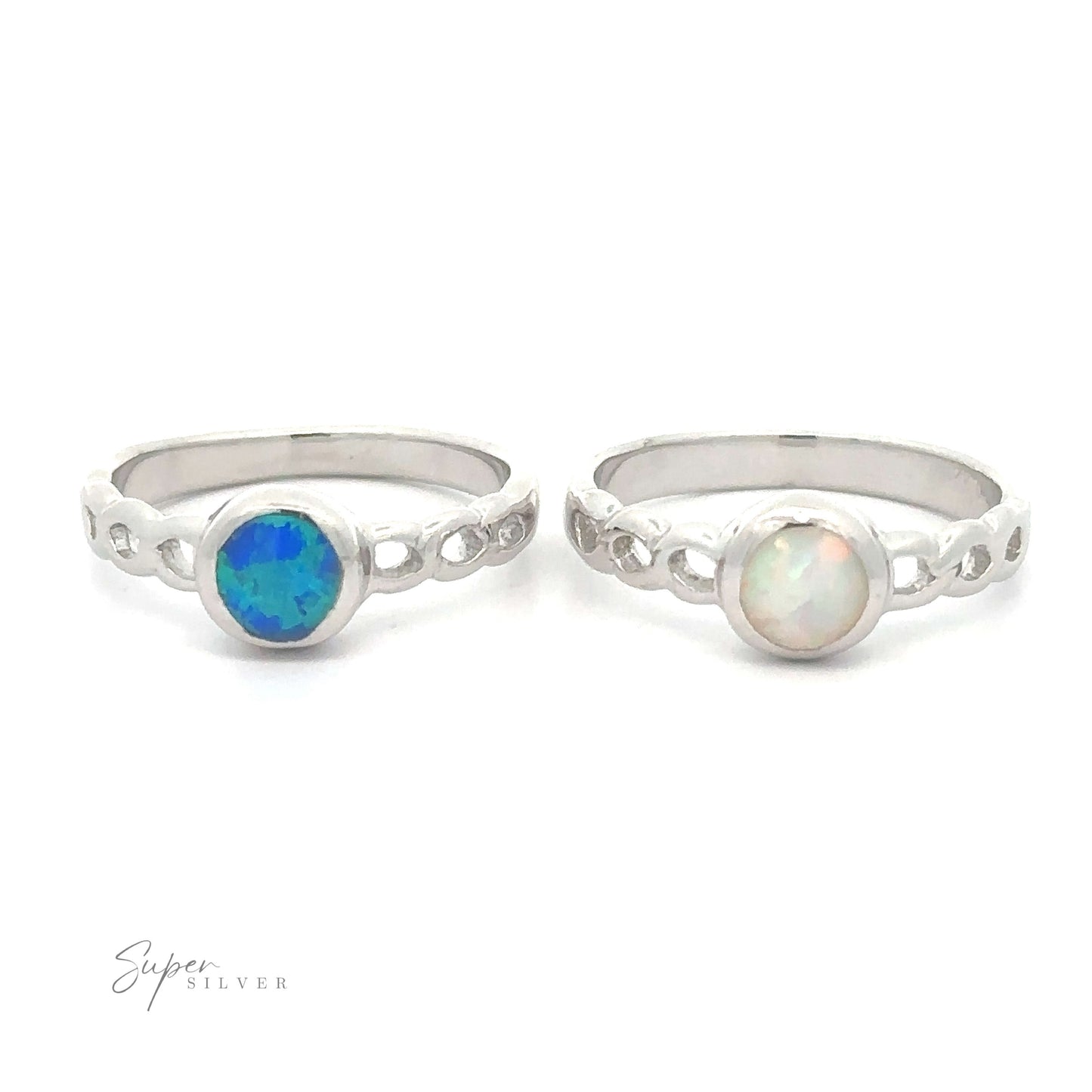 
                  
                    Two Round Lab Opal Rings with Weave Bands on a white background.
                  
                