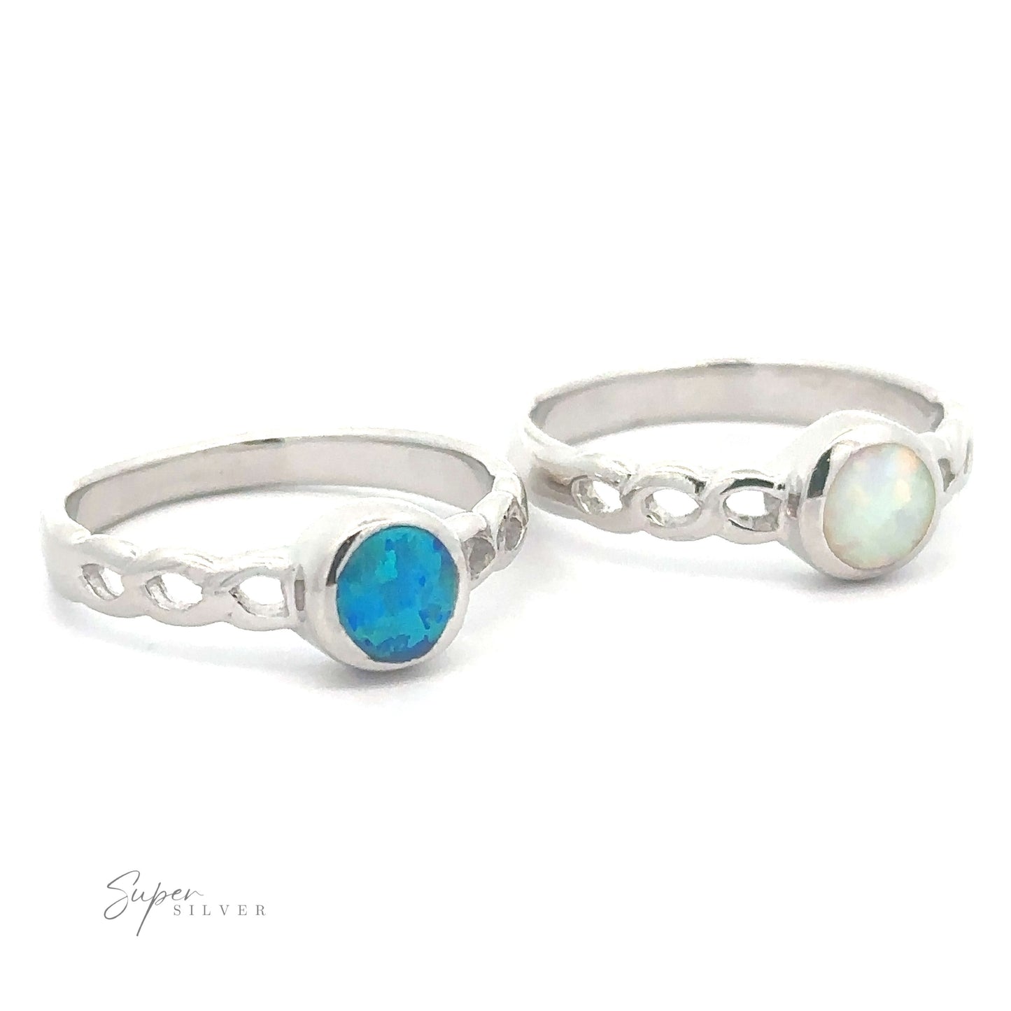 
                  
                    Two sterling silver rings with Lab-Created Opal, one featuring a solid band with an oval stone, the other with an infinity symbol design and a Round Lab Opal Ring with Weave Band.
                  
                