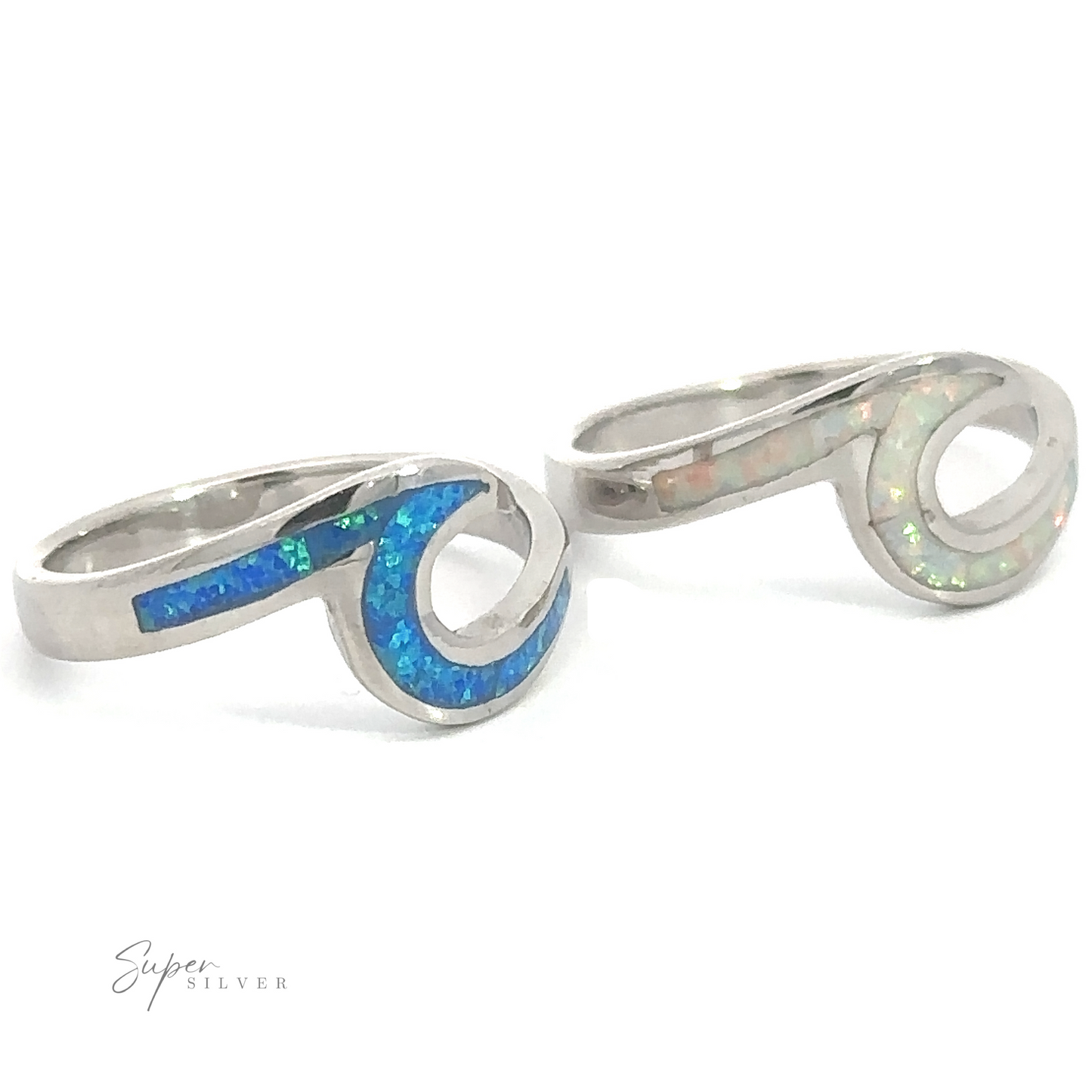 Two silver Wave Rings with ocean blue and opals inlay on a white background.
Product Name: Two Wave Rings with Sparkling Inlaid Lab-Opals