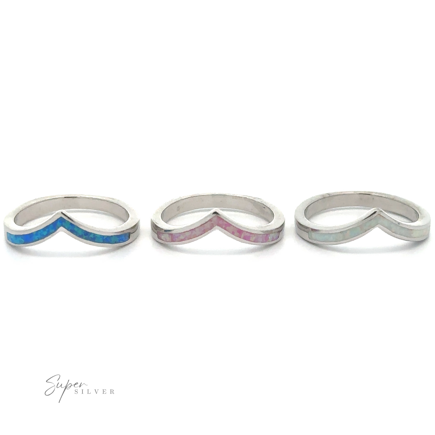 
                  
                    Three Elegant Chevron Lab Opal Rings with different colored inlays on a white background, perfect for stacking.
                  
                