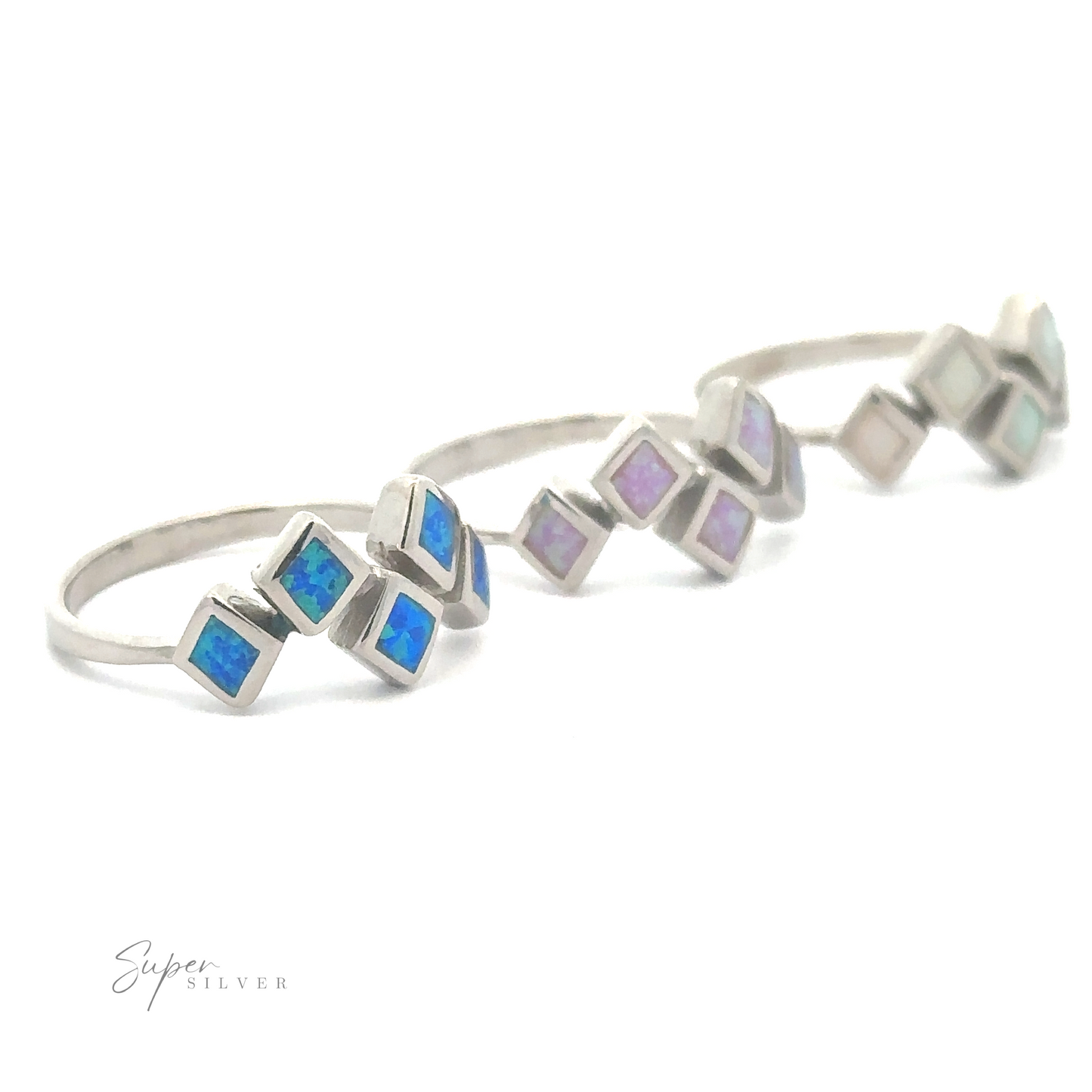 Two Diamond Pattern Lab-Created Opal Rings showcased on a light background.