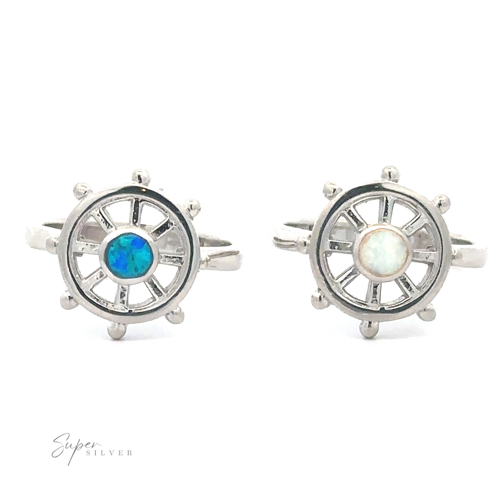 Ship Wheel ring with Lab Opal stones.