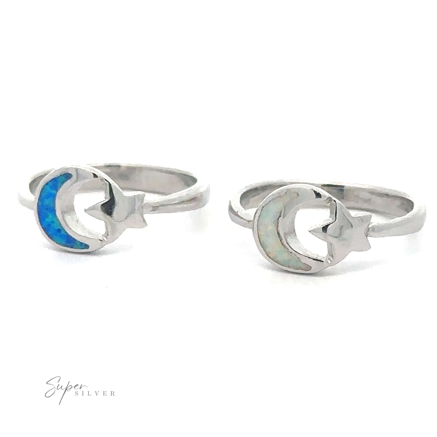 Two Moon and Star Rings with Lab-Created Opal inlays on a white background.
