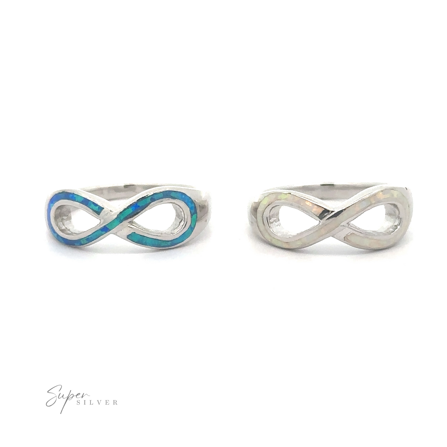 
                  
                    Two stylish Opal Infinity Rings, one with blue inlay and one plain, against a white background.
                  
                