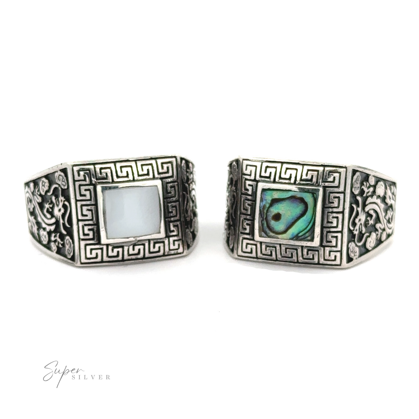 
                  
                    A pair of silver Stone Signet Rings with Dragon Design statement inlay stones.
                  
                