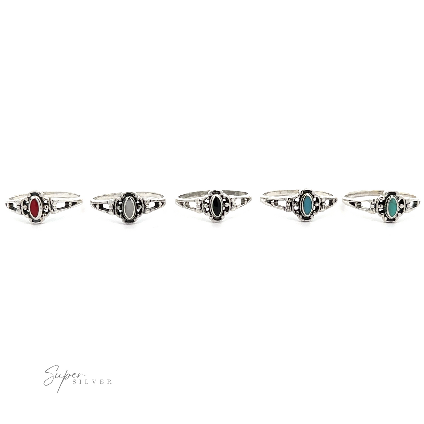 A row of Oval Inlay Stone Rings in sterling silver with stones in different colors.