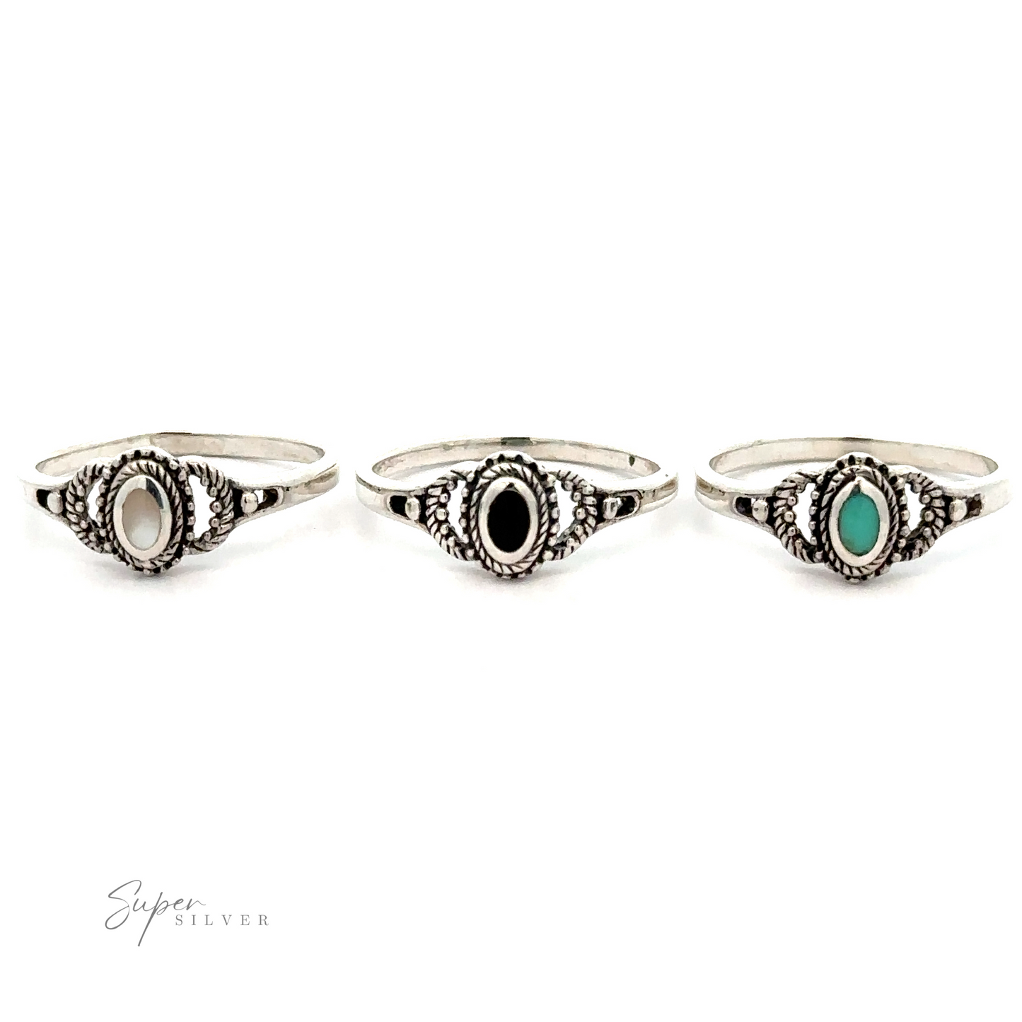 
                  
                    A row of Inlaid Oval Stone Rings with Rope Texture.
                  
                