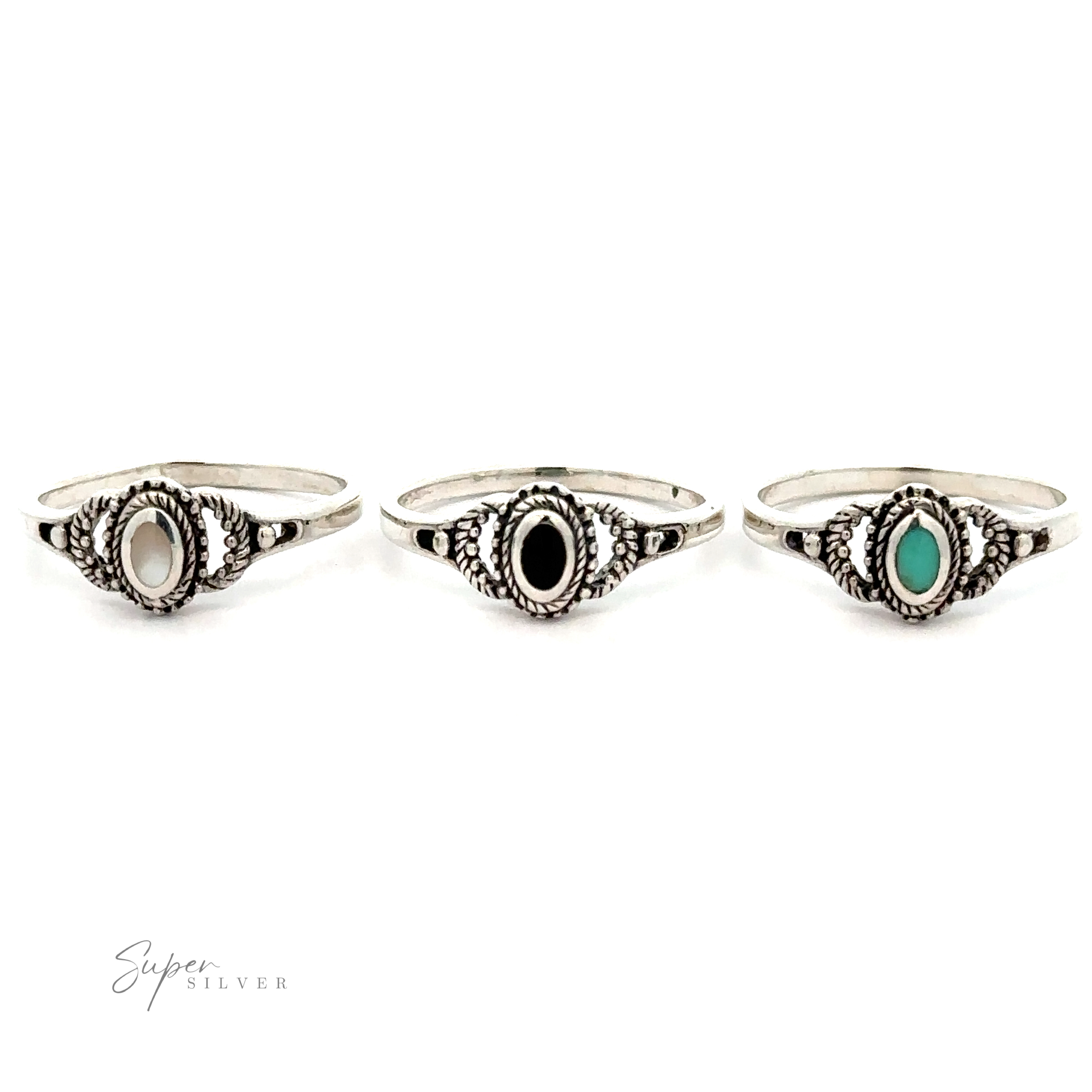 A row of Inlaid Oval Stone Rings with Rope Texture.