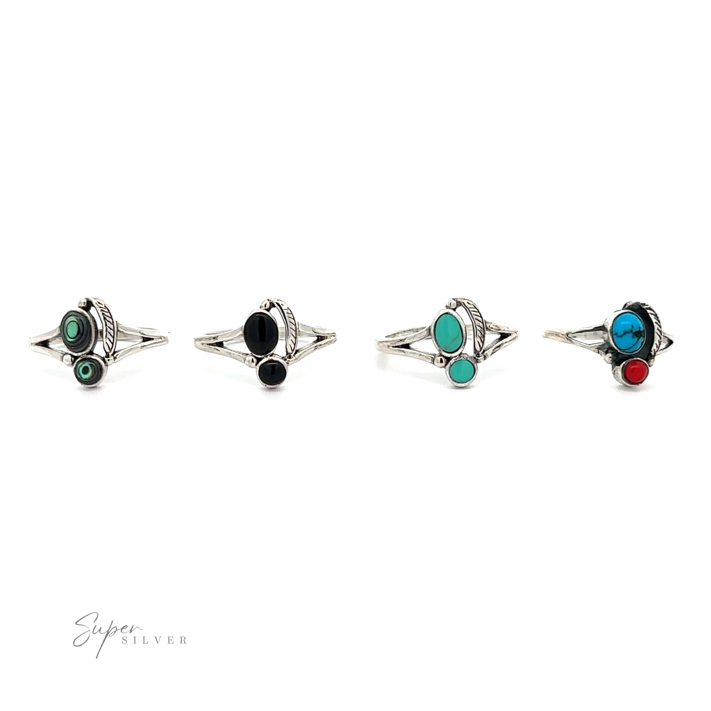 
                  
                    Four Stone and Feather Rings with inlaid turquoise, red, and green stones.
                  
                