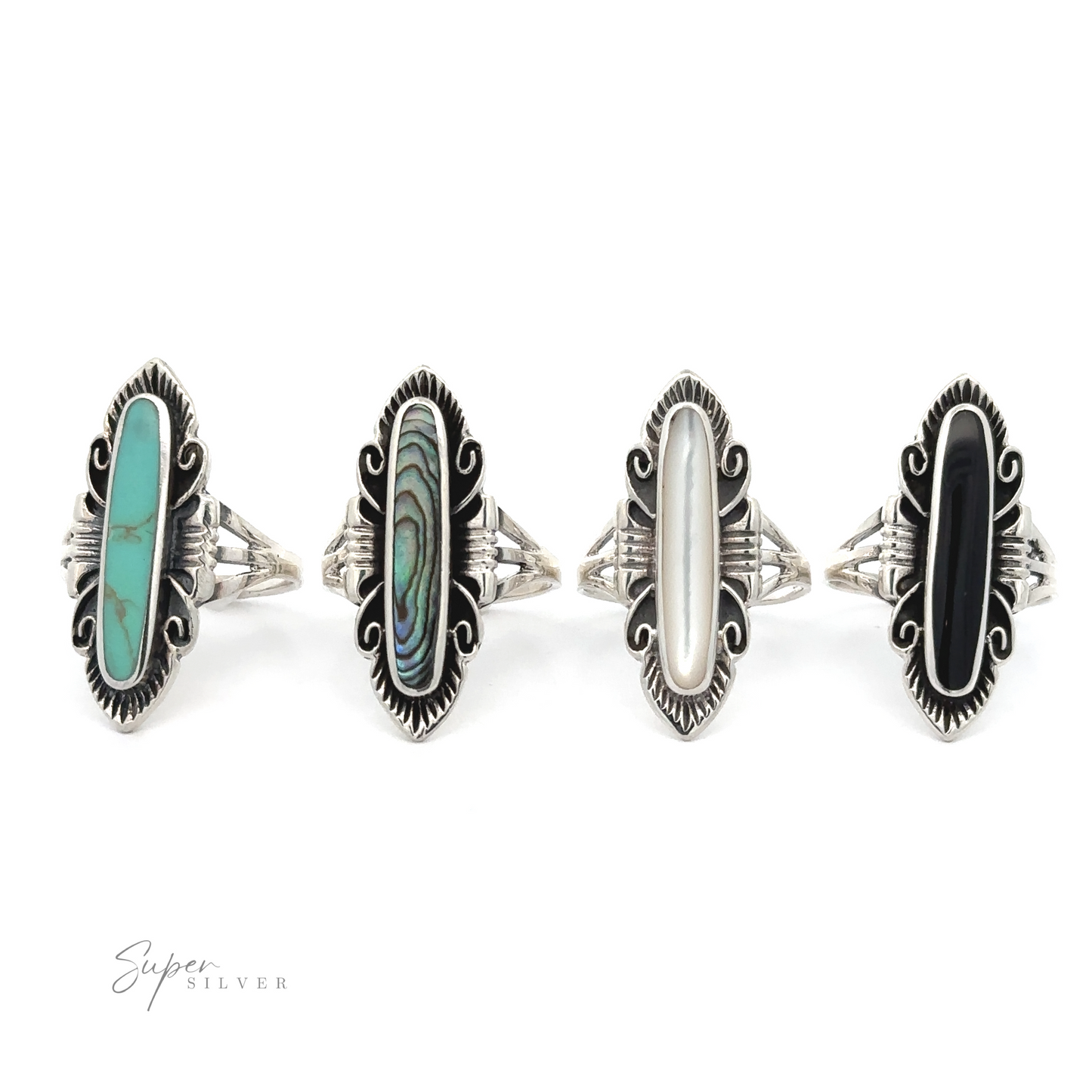 A set of four Elegant Southwest Inspired Rings with Inlaid Stone.