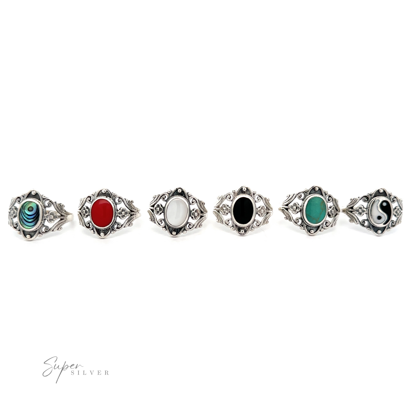 
                  
                    A row of Floral Filigree Inlay Stone rings in different colors, including turquoise.
                  
                
