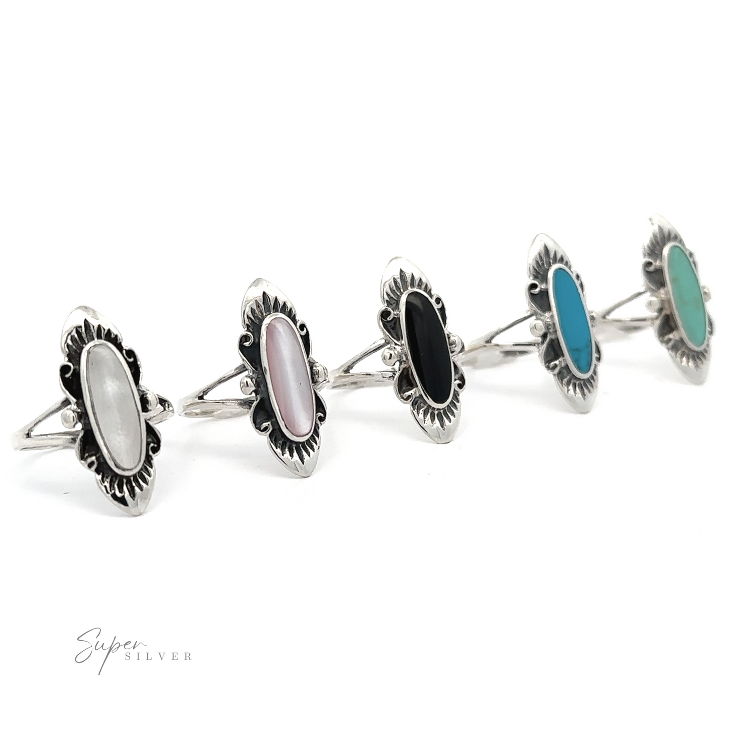 
                  
                    Four stylish silver rings with different colored stones, including a Southwest Inspired Elongated Oval Ring for an antique look.
                  
                