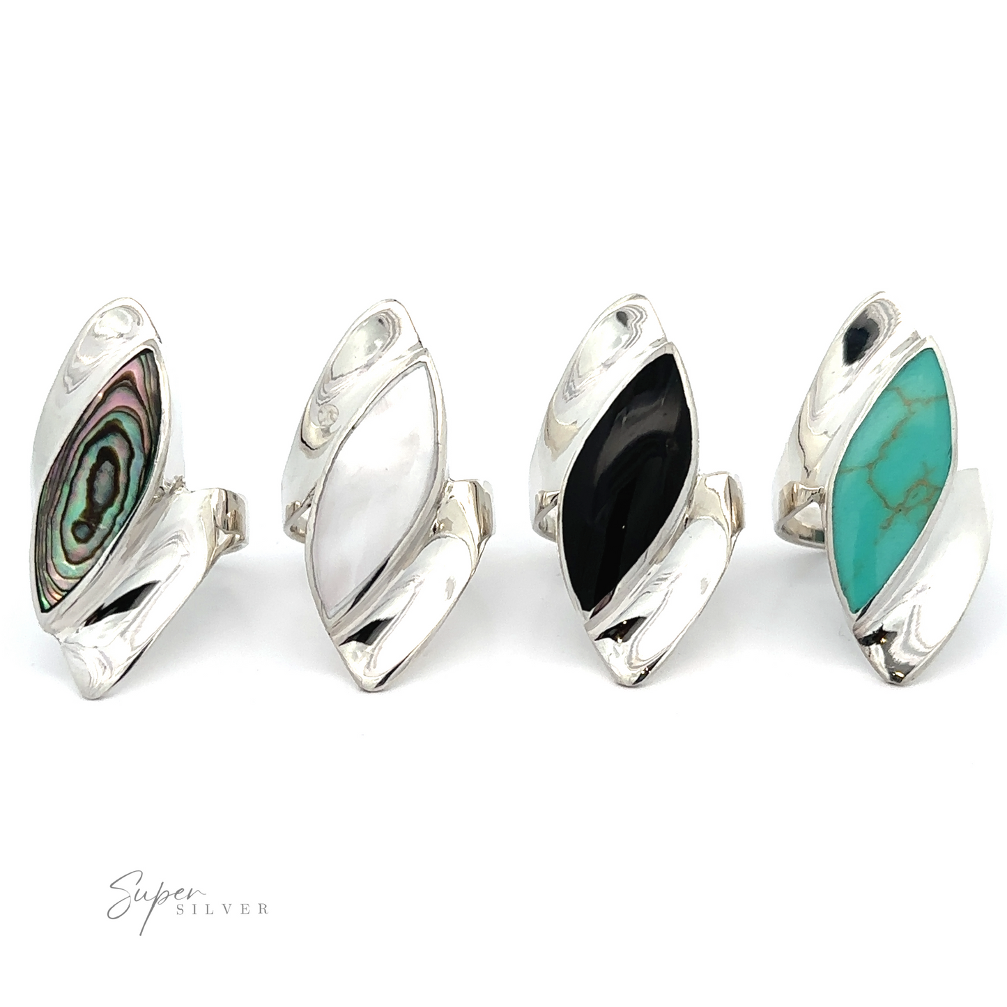 Four Modern Marquise Shaped Inlaid Stone Rings with white and turquoise stones.