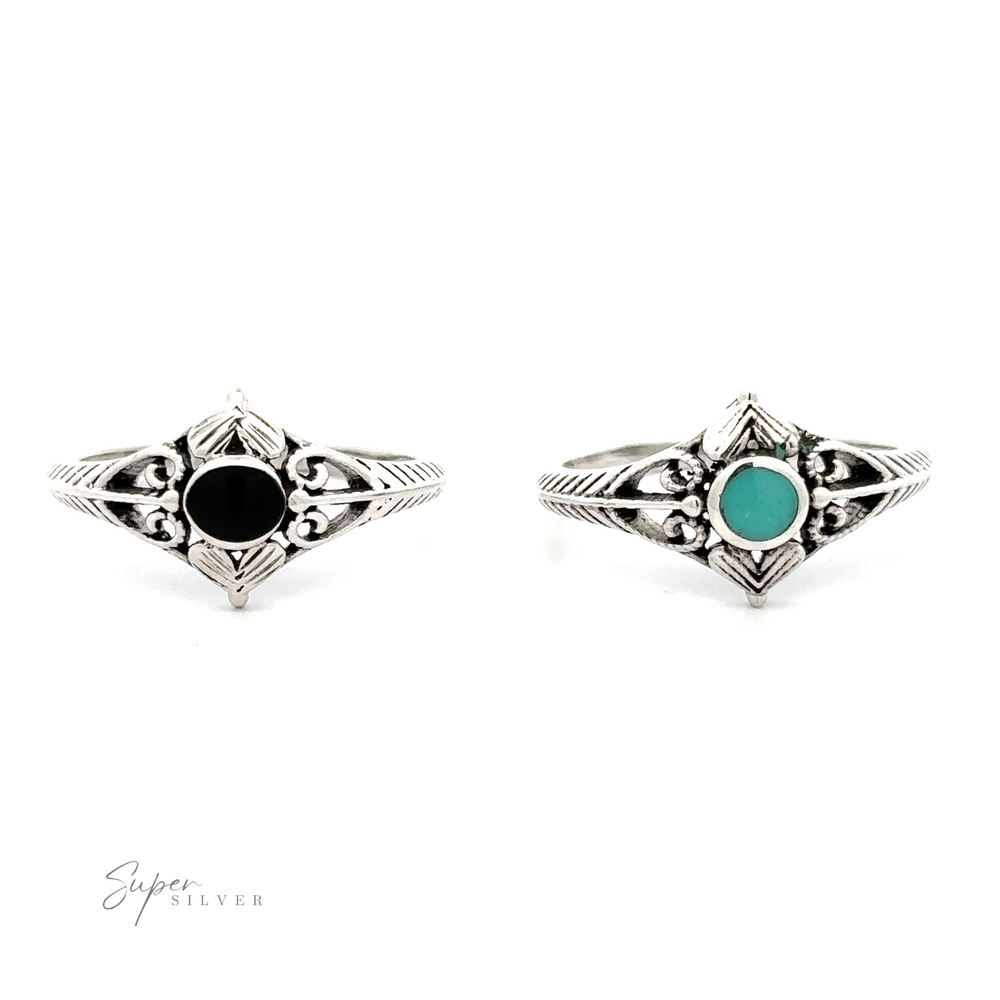 
                  
                    Two Inlaid Stone Diamond Shaped Rings with Filigree Accents.
                  
                