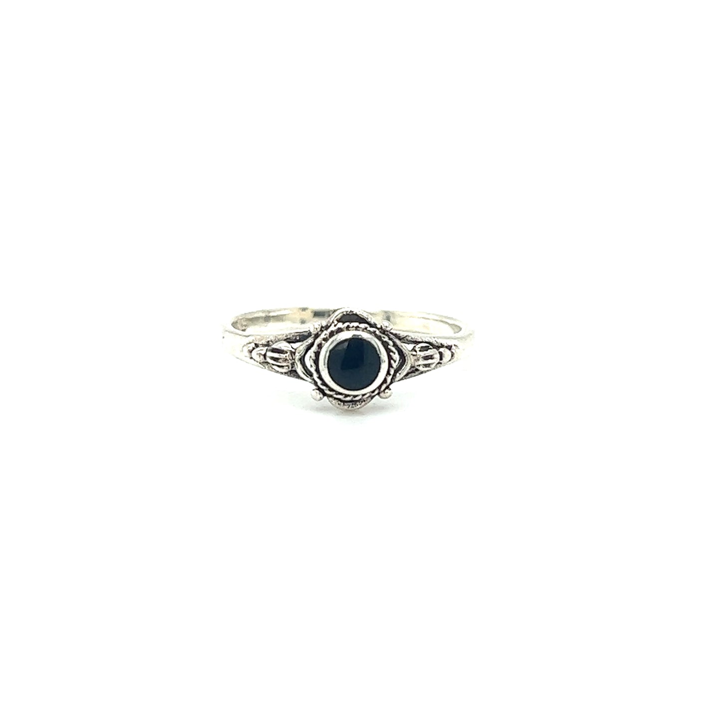 
                  
                    A captivating Dainty Inlaid Stone Ring with Subtle Flower Setting, showcasing a Bali-style aesthetic, by Super Silver.
                  
                