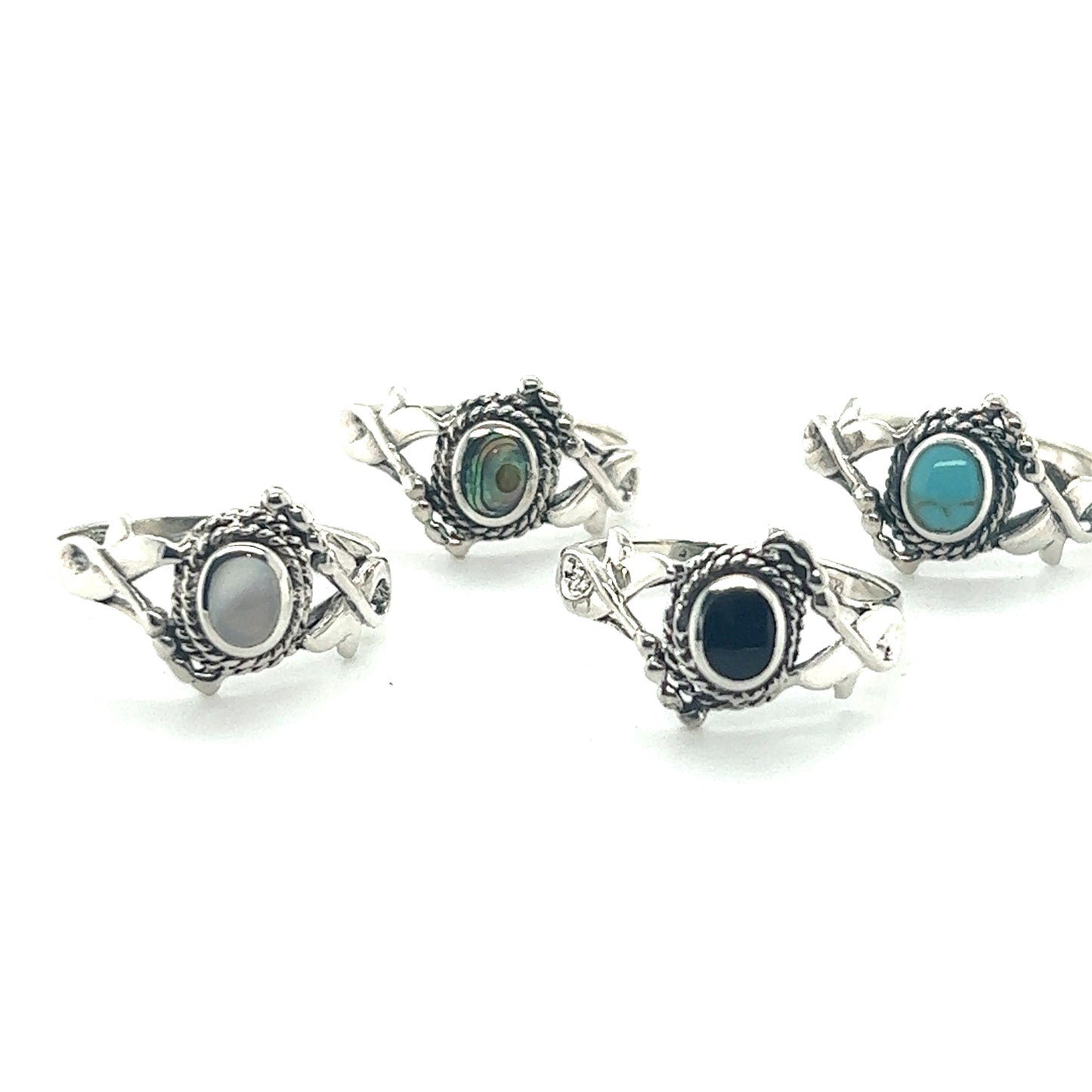 Four Super Silver Decorated Freeform Inlay Stone Rings, giving off a Bali boho vibe.