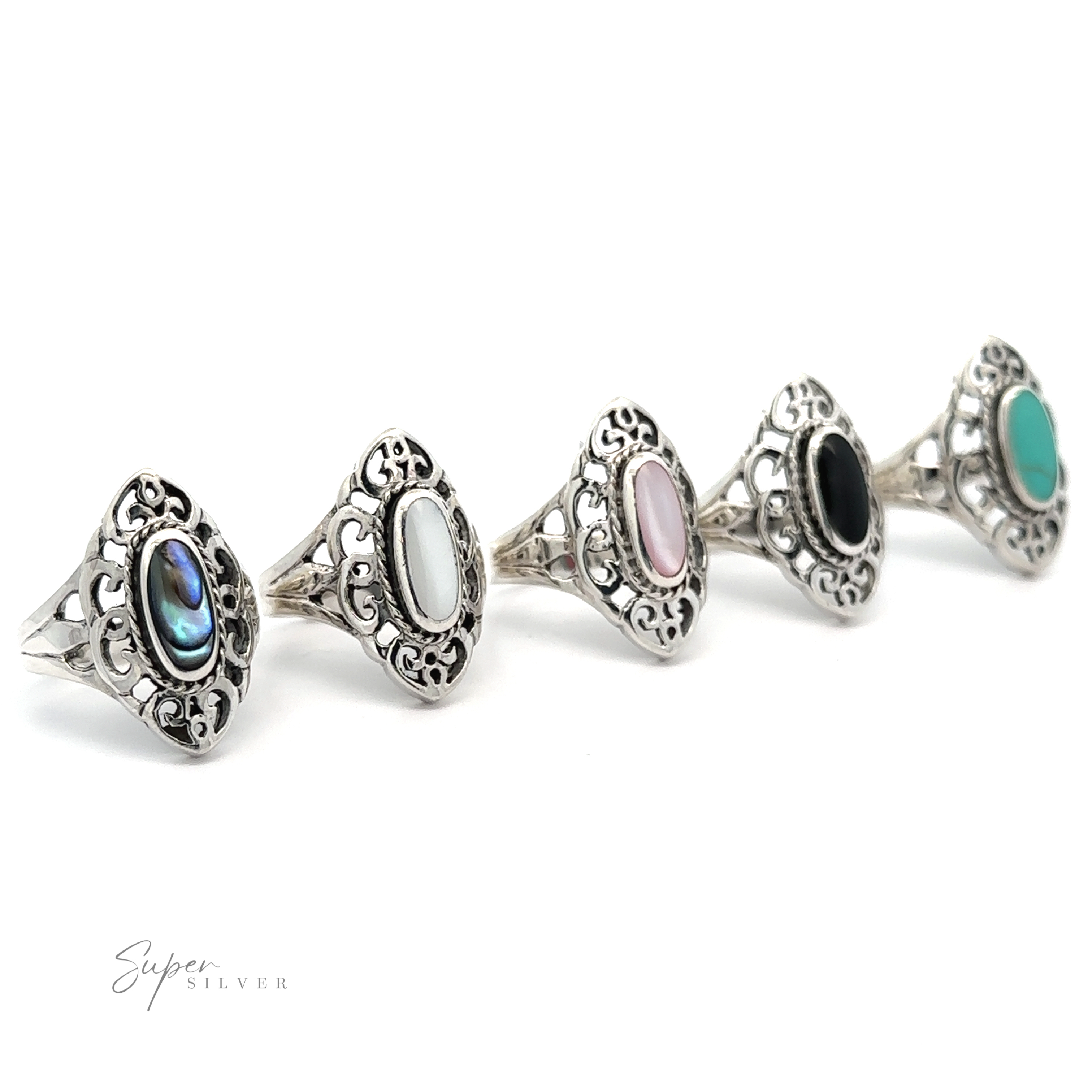 A lineup of five Marquise Filigree Inlay Stone Rings with various gemstones encapsulating vintage romance on a white background.