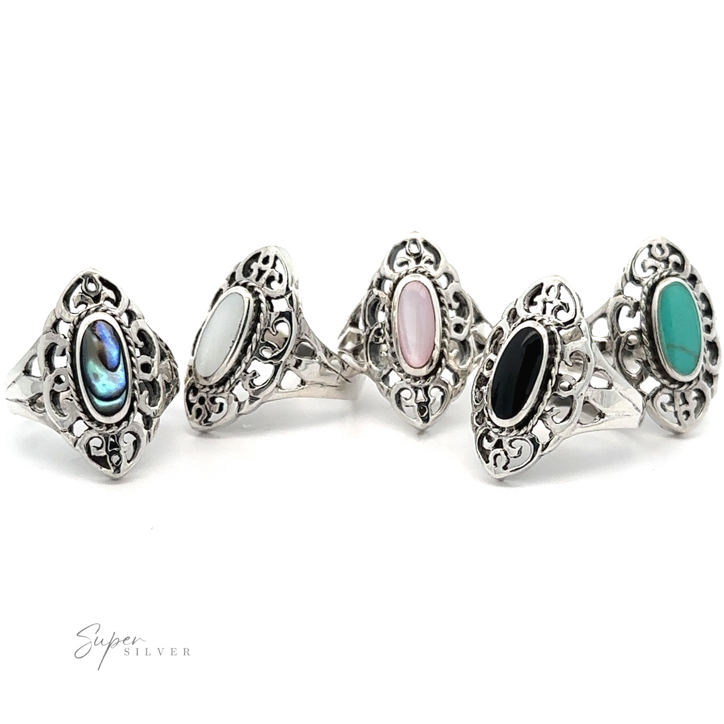 A collection of five Marquise Filigree Inlay Stone rings with mesmerizing gemstones on a white background.
