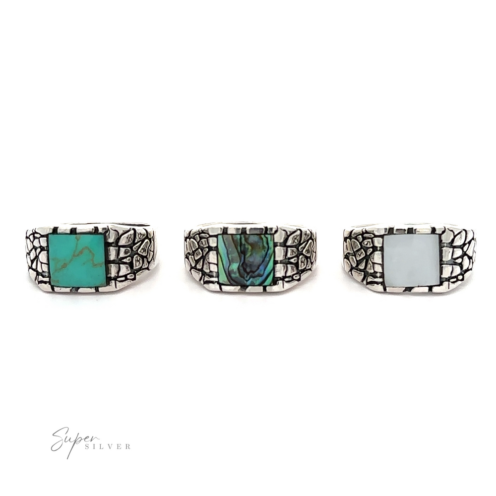 
                  
                    Three silver Stone Signet Rings with inlaid turquoise stones and a dragon scale pattern.
                  
                