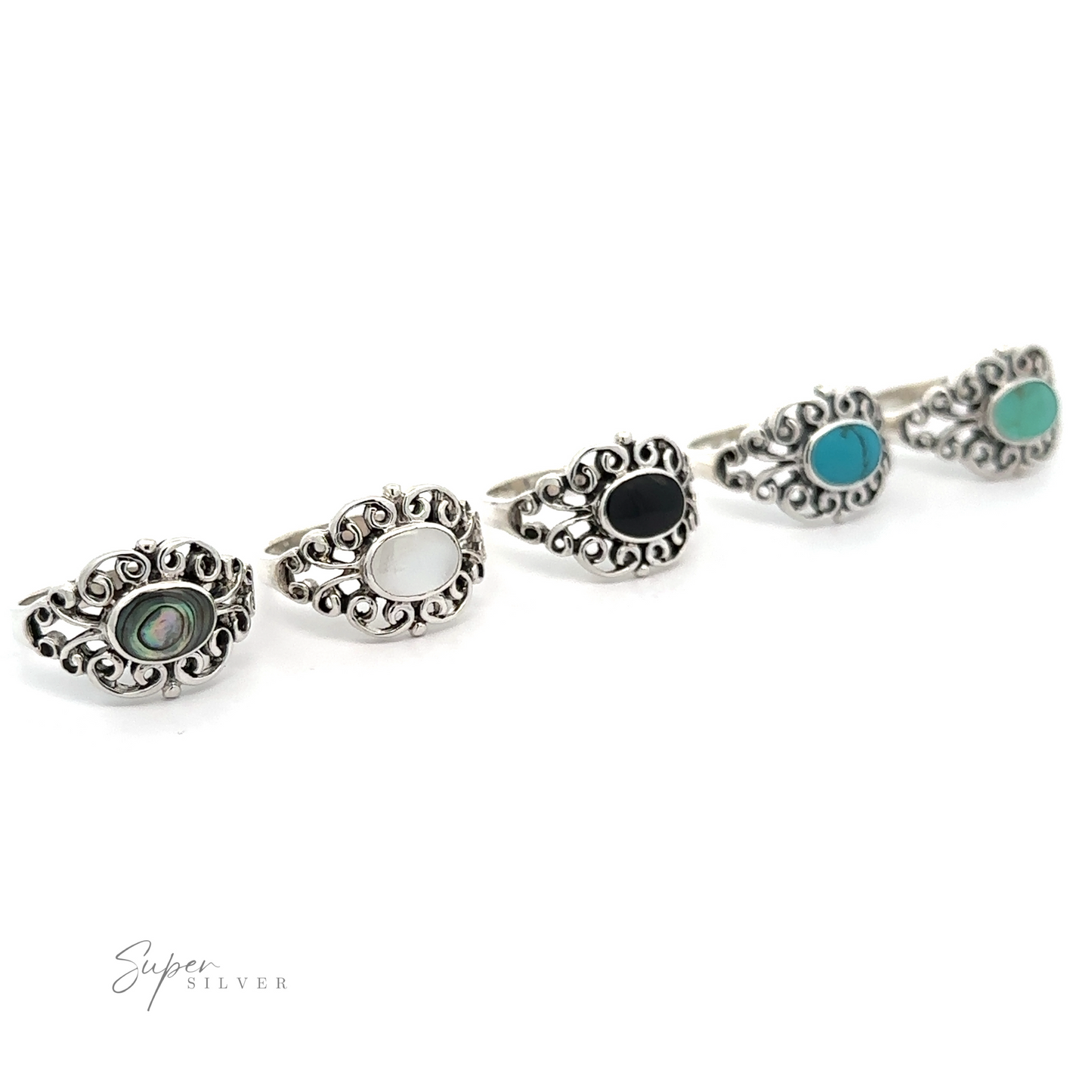 
                  
                    A row of Victorian Filigree Inlay Stone Rings with elegant style, perfect for vintage lovers.
                  
                