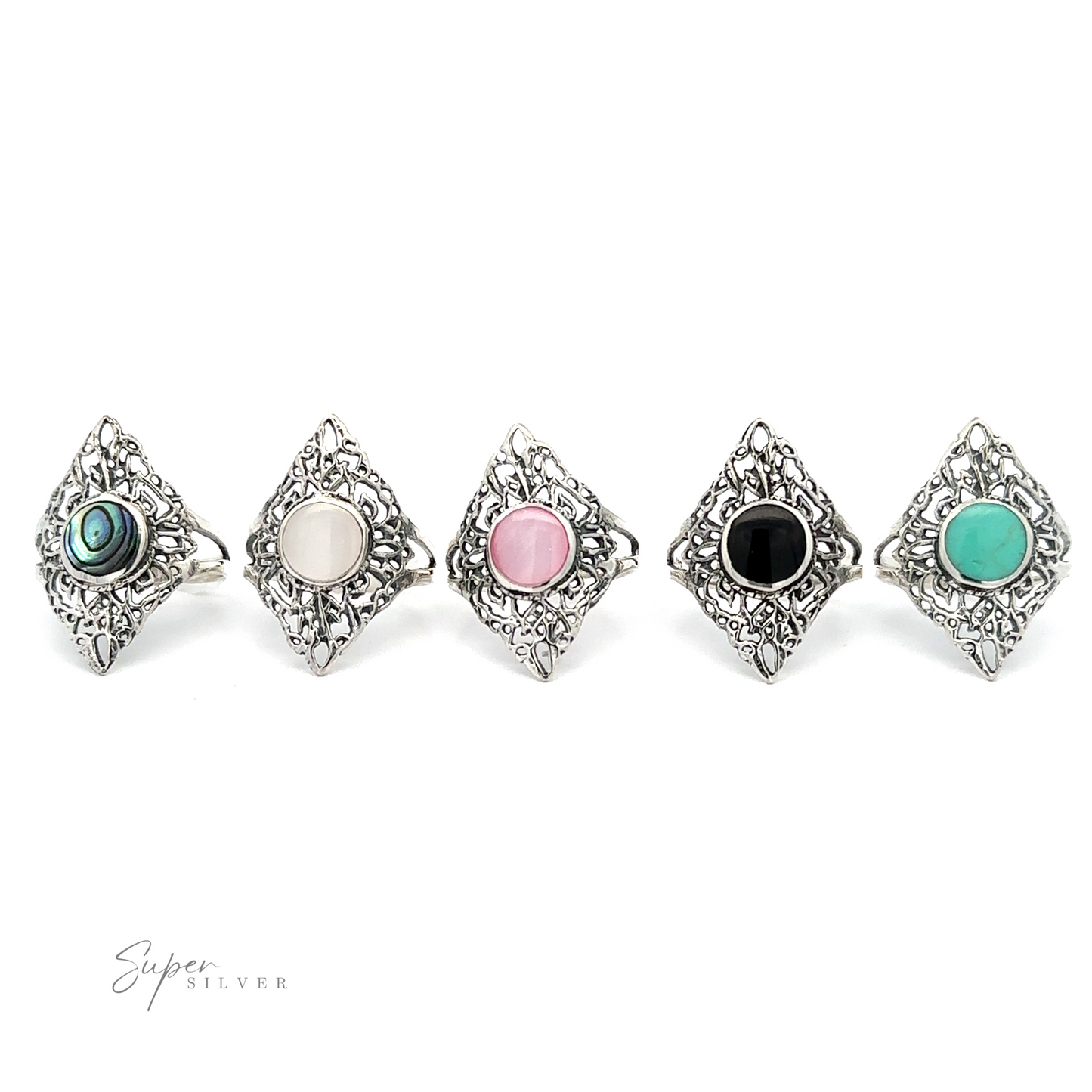 
                  
                    A row of Diamond Shaped Filigree Rings With Round Inlaid Stones.
                  
                