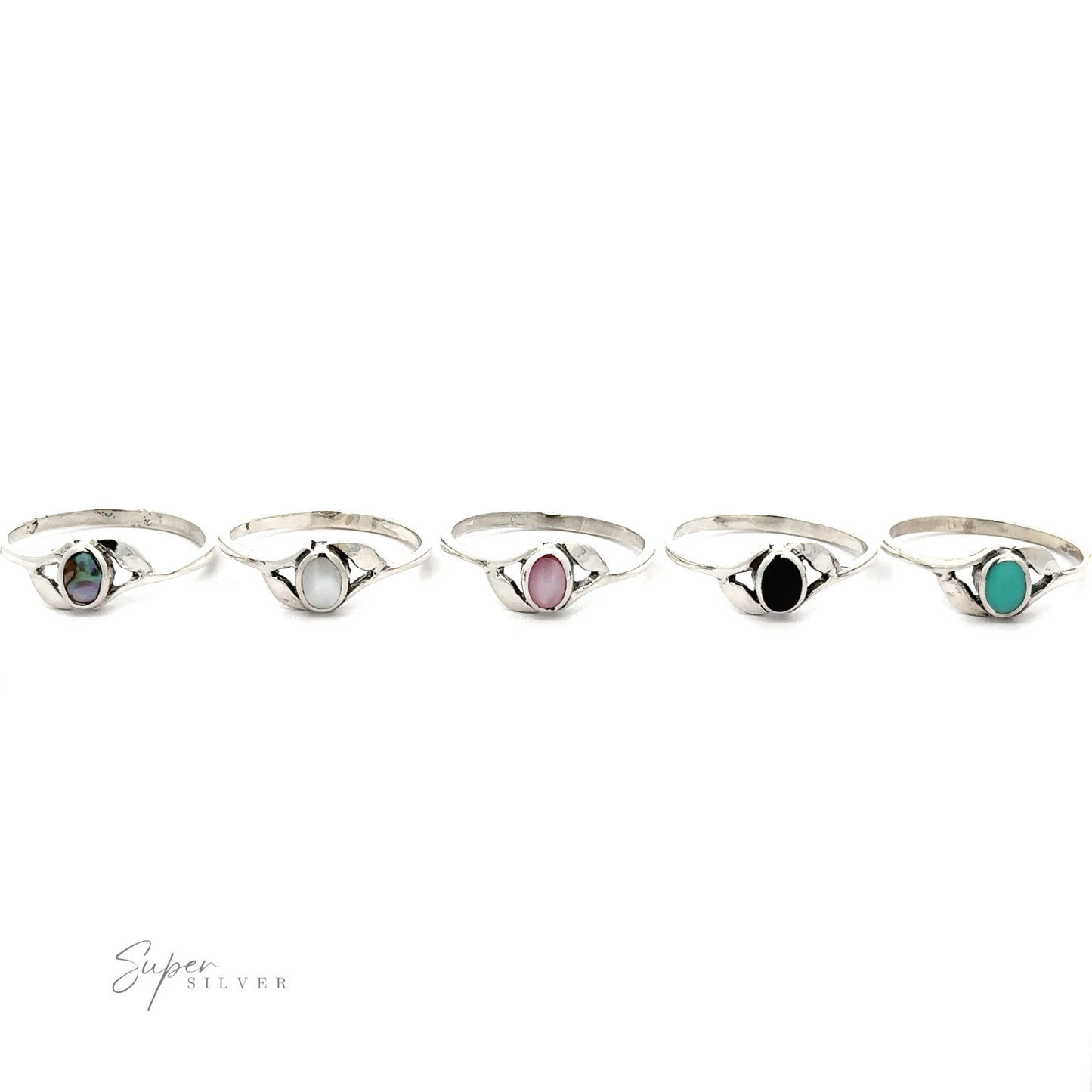 
                  
                    A collection of five Dainty Oval Stone Rings with Leaf Accents, displayed in a row against a white background.
                  
                