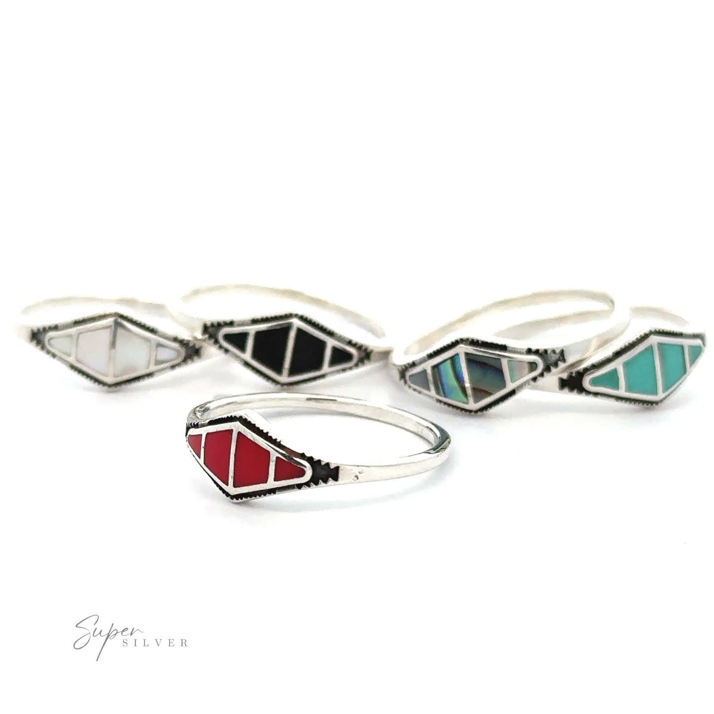 Four Diamond Shape Sectioned Stone Rings with different colored stones, showcasing unique fashion and contemporary trends.