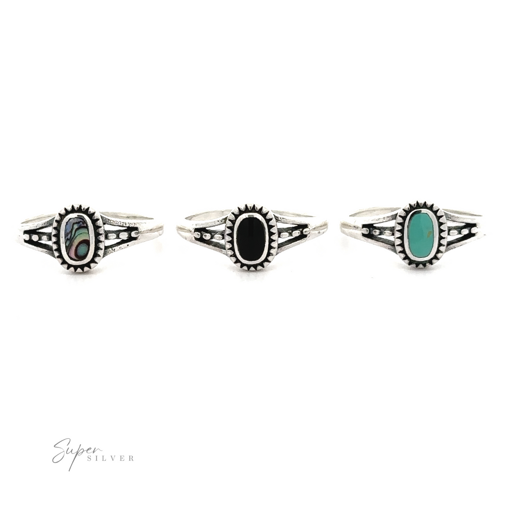 Three Inlay Stone Rings with Split Shank Design in .925 Sterling Silver.