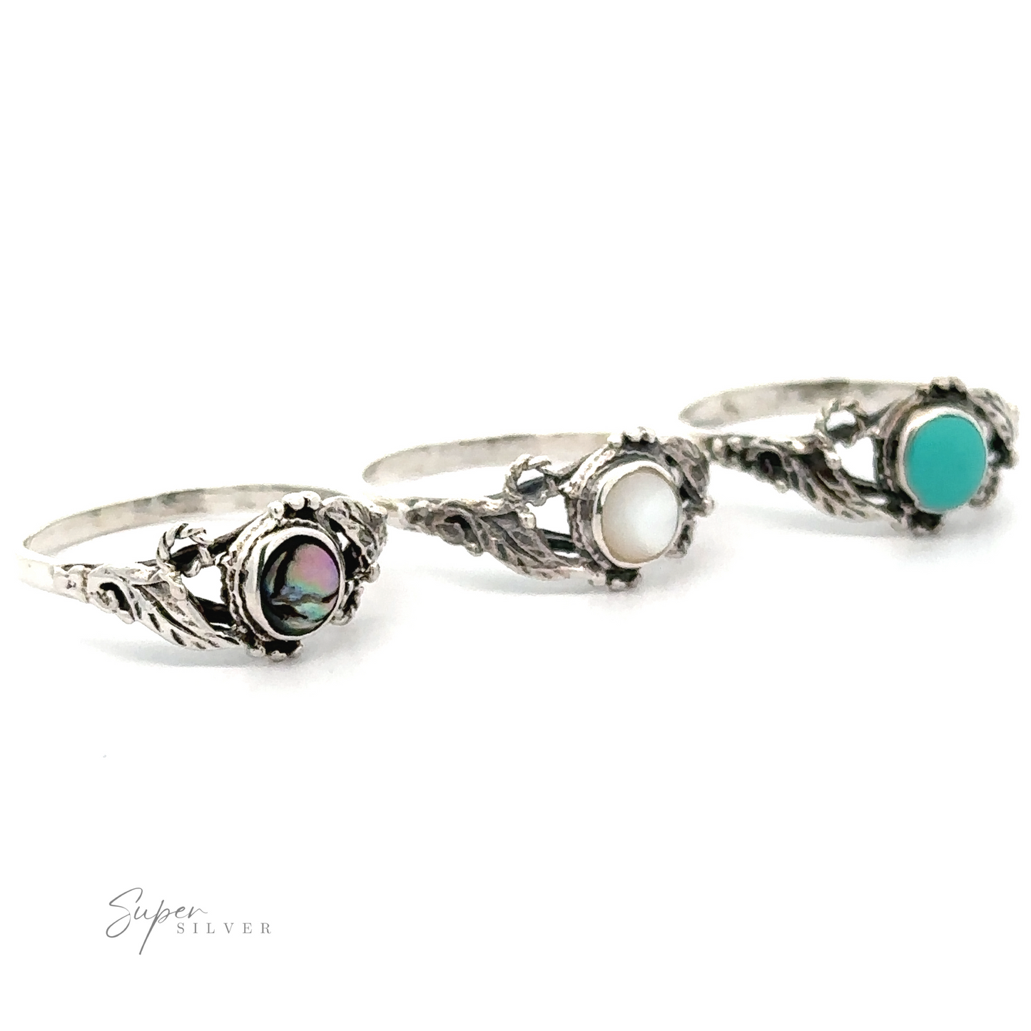 Three elegant Rope and Leaves Inlay Stone rings with various colored gemstones on a white background.