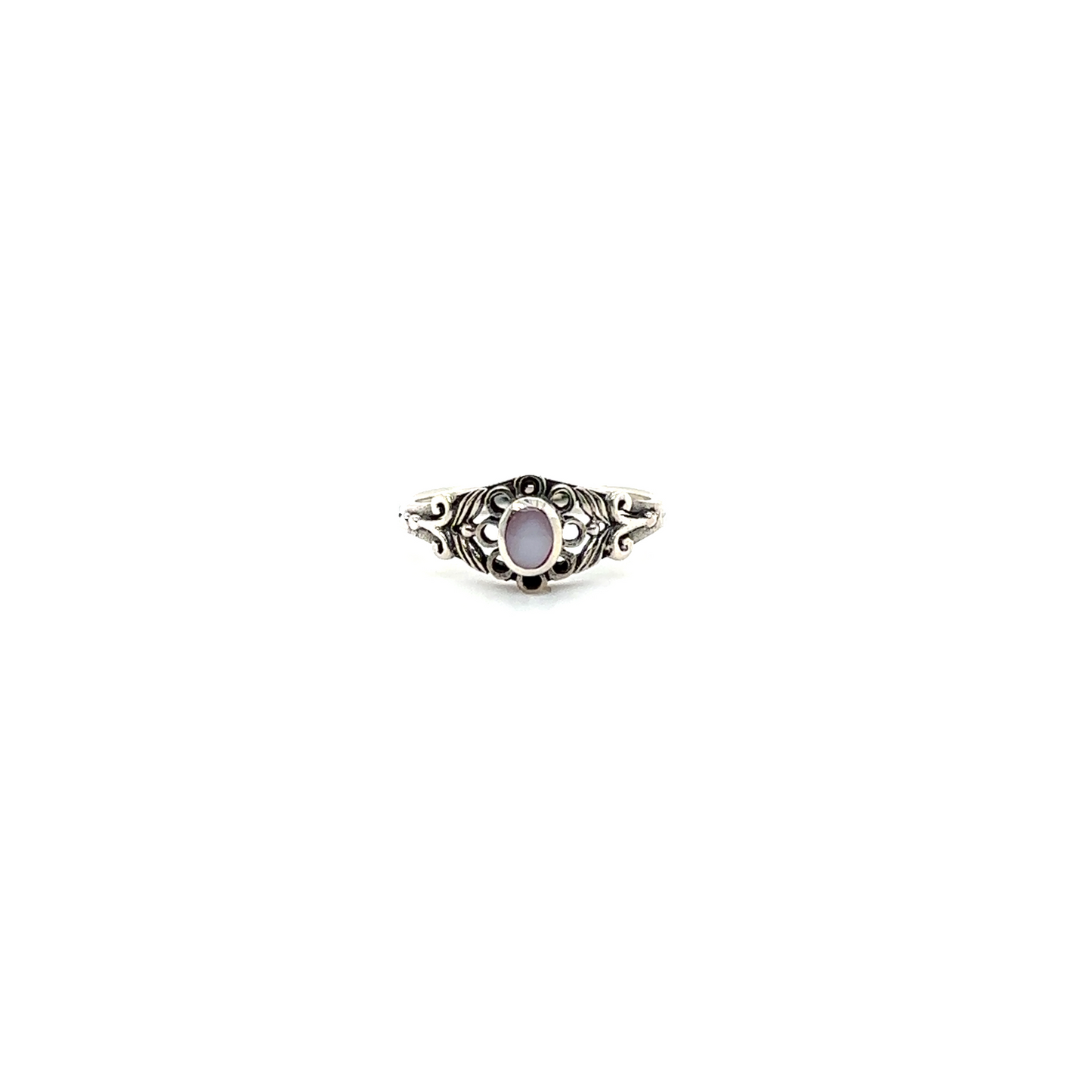 
                  
                    A Super Silver Oval Flower Ring with Inlay Stones with an earthly charm and a purple stone.
                  
                