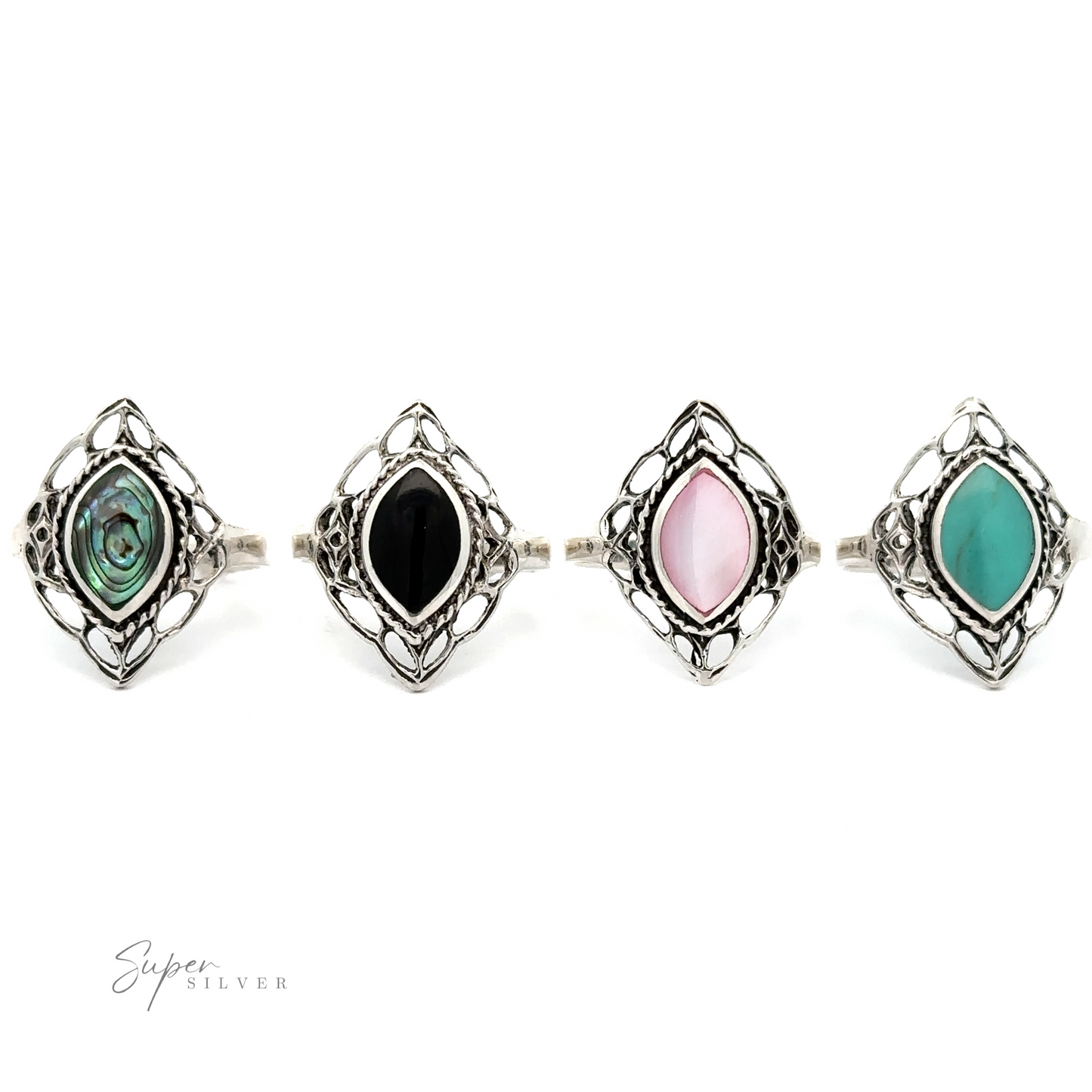 A row of Delicate Marquise Shield Rings inlaid with different colors of gemstones.