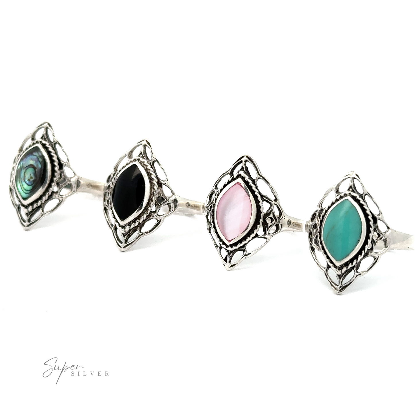 A row of Delicate Marquise Shield Rings with inlaid stones of different colors.