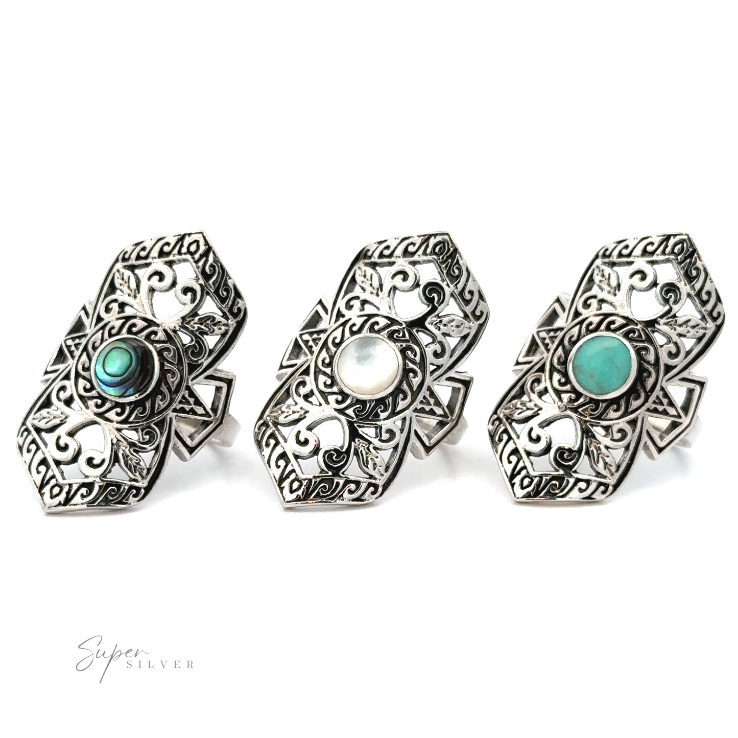 Three Elaborate Filigree Shield Rings adorned with turquoise stones.