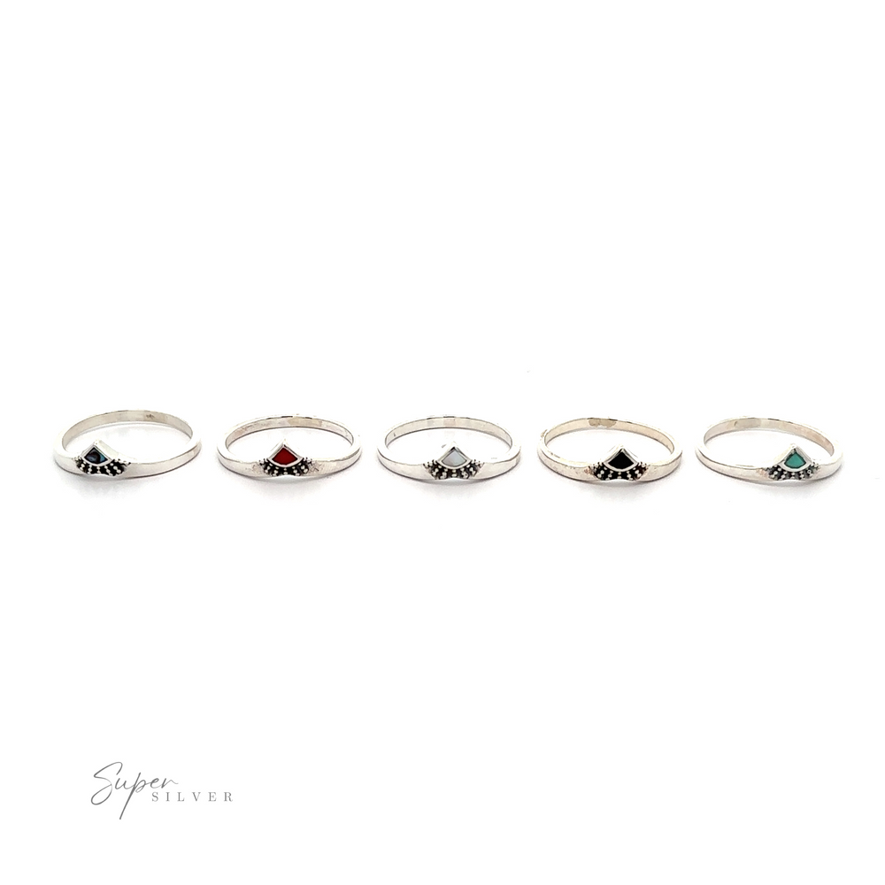
                  
                    A versatile set of five Dainty Chevron Bali Style Inlay Rings with different colored stones.
                  
                