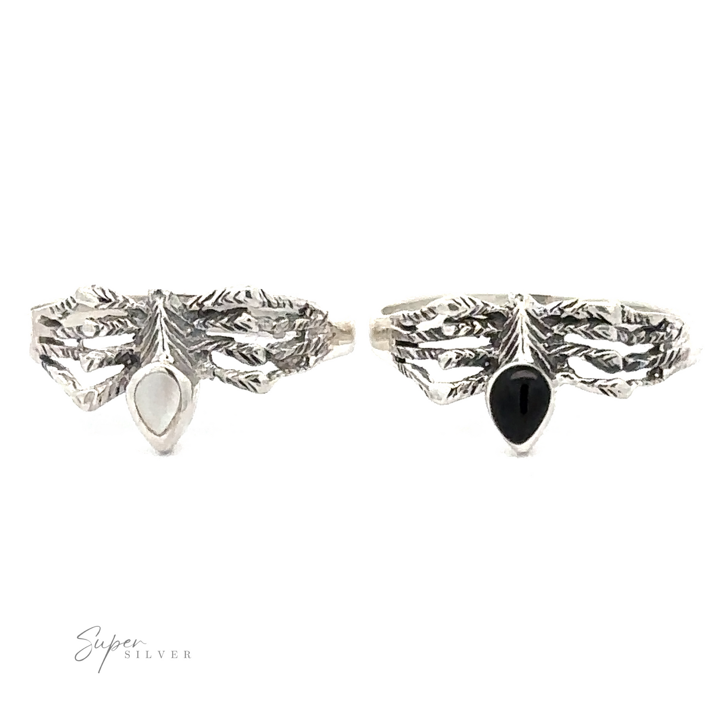 Two Small Inlay Spider Rings: one with a white stone, the other with a black stone. The text "Super Silver" is visible in the bottom left corner, giving this mystical jewelry set an enchanting touch.