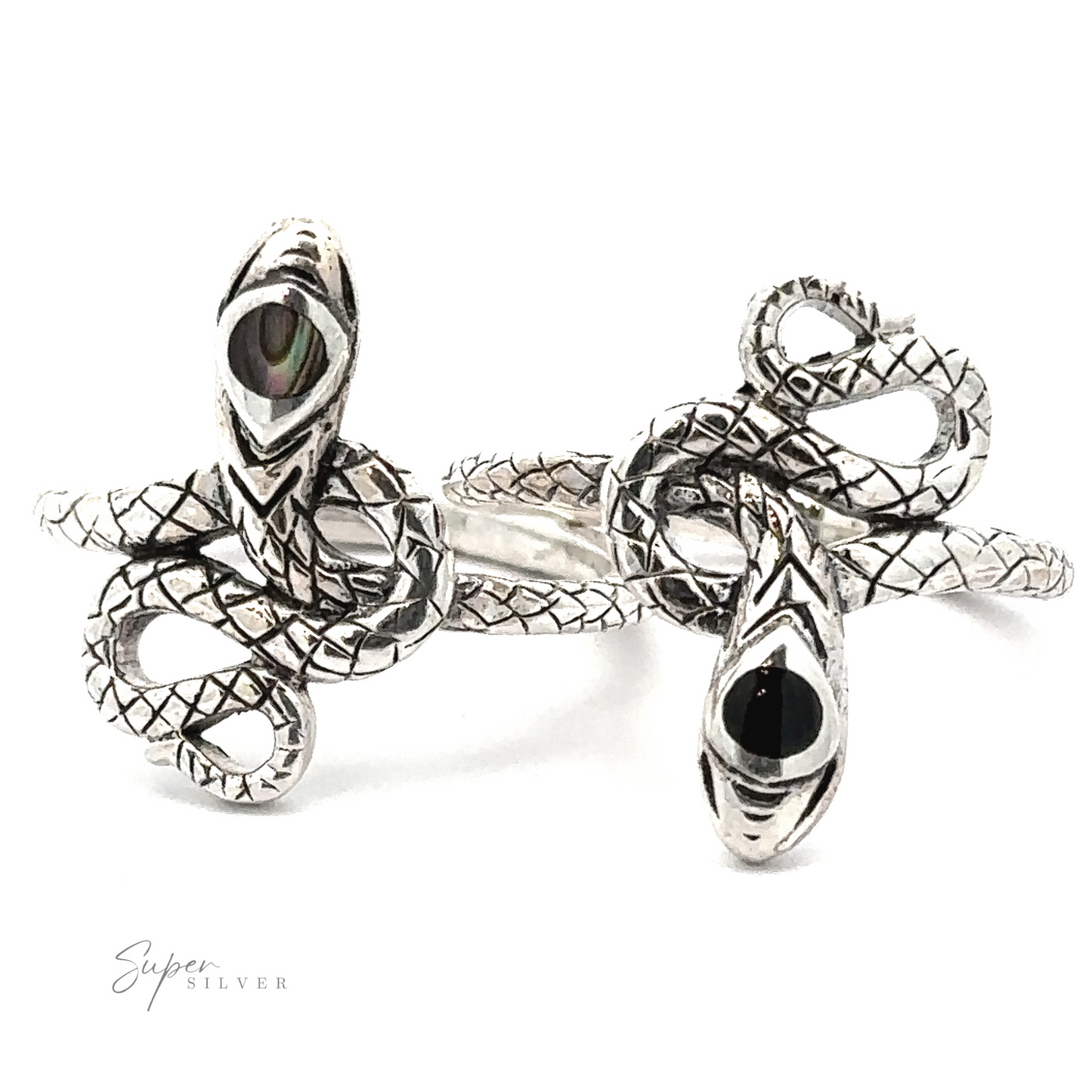 Two intricately designed Coiled Snake Rings with detailed sterling silver scales and black inlaid stones. This transformation jewelry highlights the beauty of the coiled snake ring. Logo text "Super Silver" is visible in the bottom left corner.