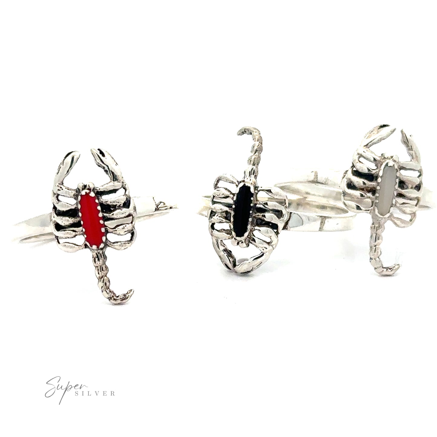 
                  
                    Small Scorpion Ring with Inlaid Stone crafted from .925 Sterling Silver with black and red detailing.
                  
                