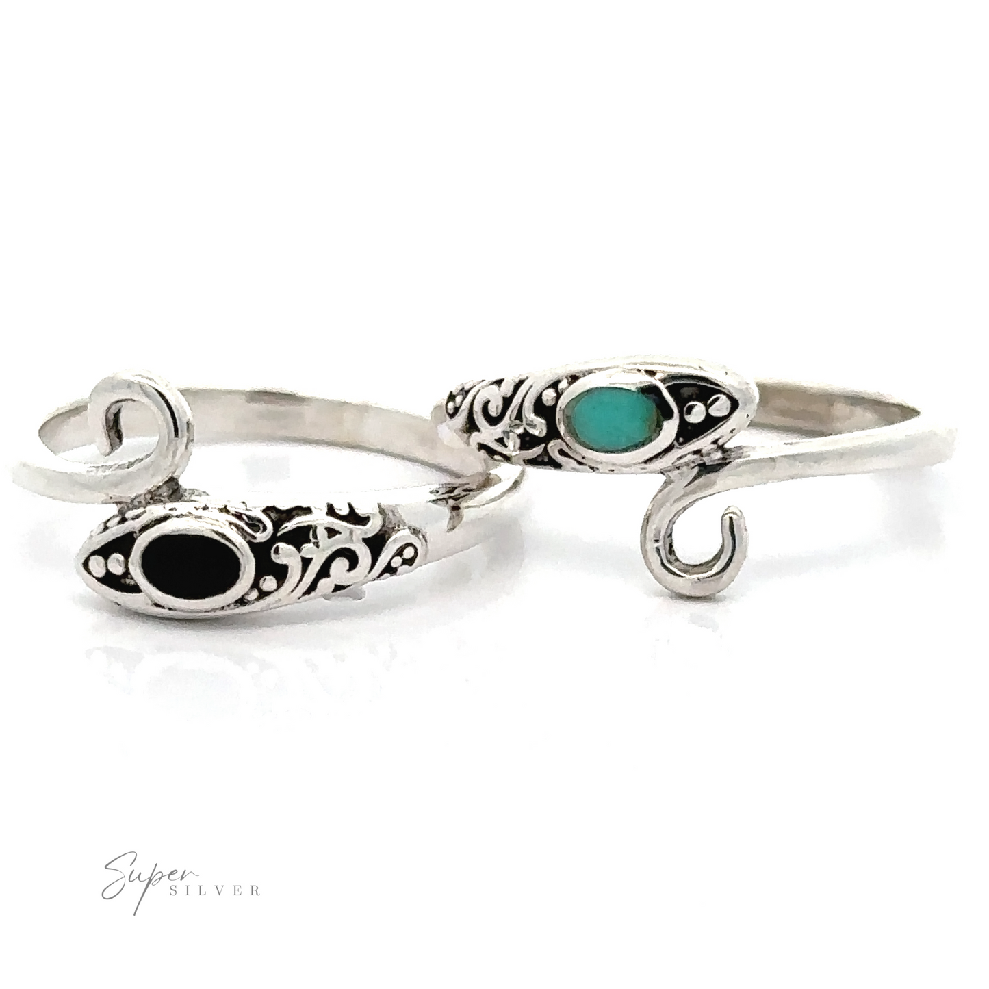 A pair of Inlay Stone Snake Rings with filigree designs.