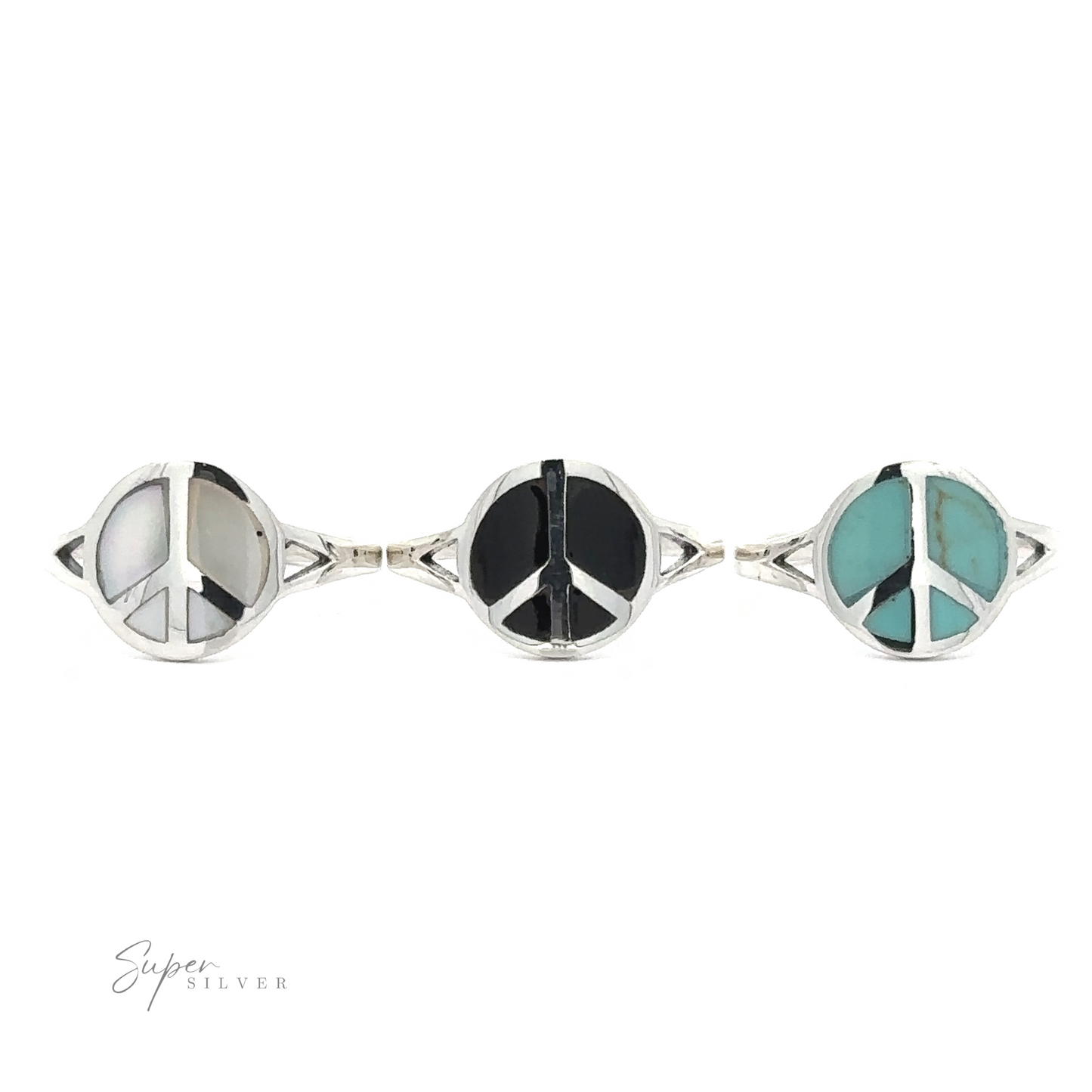 Three silver rings, each showcasing a Stone Inlay Peace Sign Ring with inlays of white, onyx, and turquoise. The background is white with a logo "Super Silver" on the bottom left.
