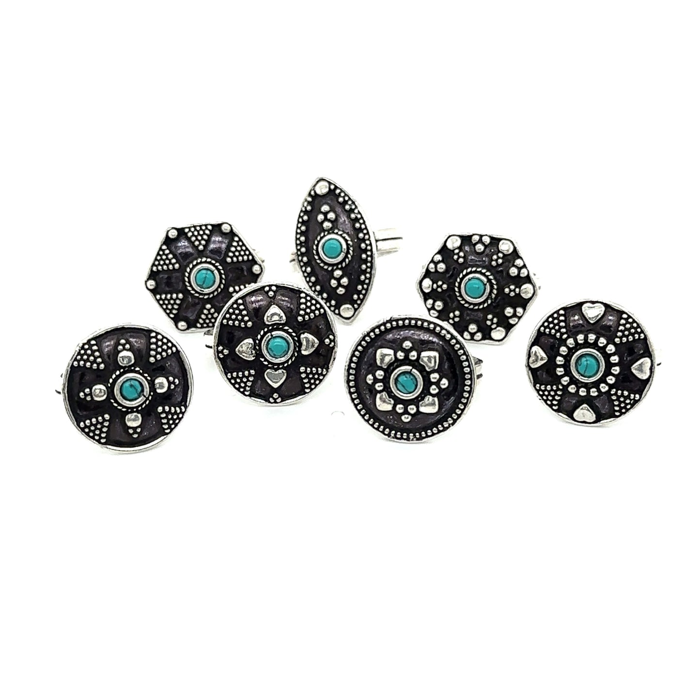 
                  
                    A stunning set of Tibetan-Style Rings with Small Stones studs.
                  
                