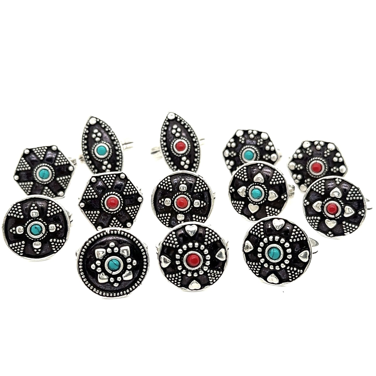 A stunning Tibetan-Style Rings with Small Stones set adorned with turquoise and black stones.